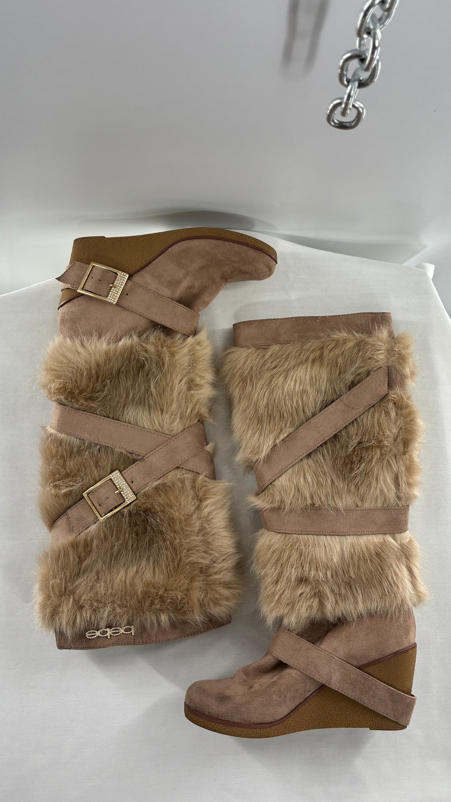 Vintage BEBE Wedge Heel Knee High Vegan Fur, Strappy Boots (6)