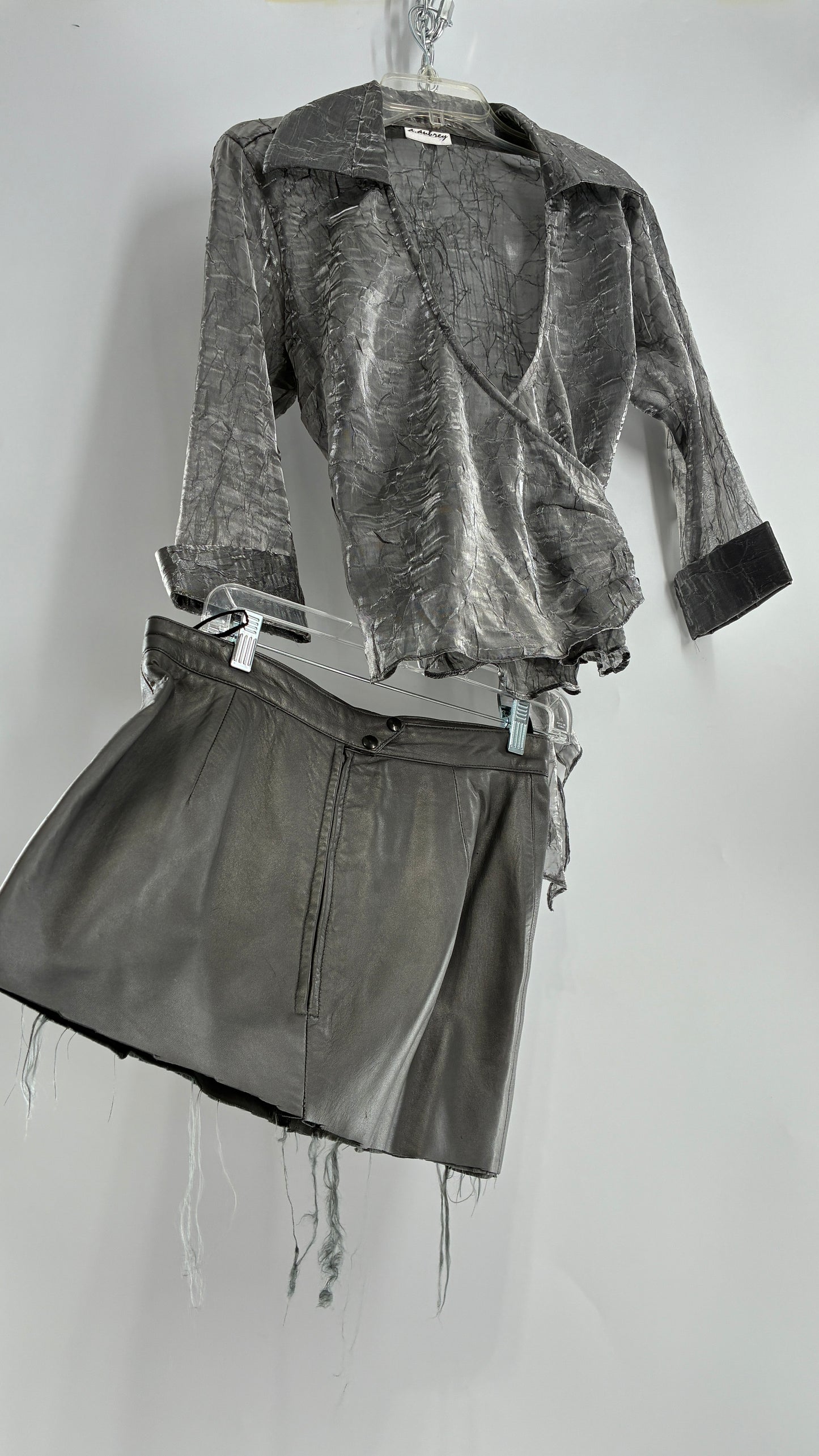 Vintage 1980s JUST PIERRE 3pc Metallic Silver Leather Trench Coat, Micro Mini Skirt and Sheer Blouse Set (S/M)