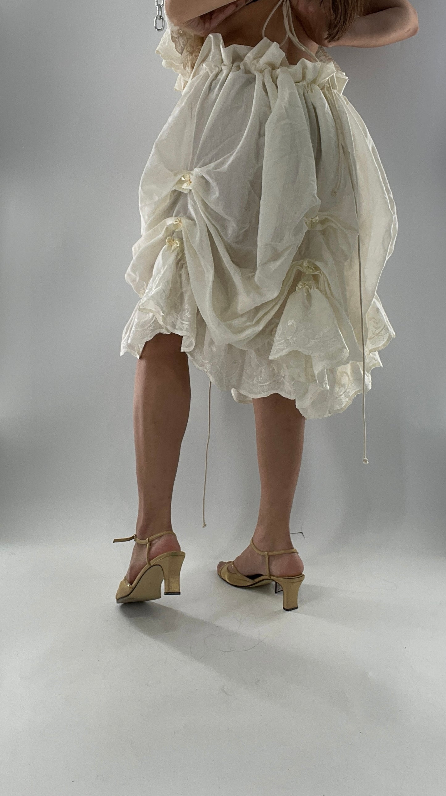 Custom Vintage Cottage Off White Set with Ruched/Scalloped Lace/Backless Top and Draping/Ribbon Skirt (One Size)