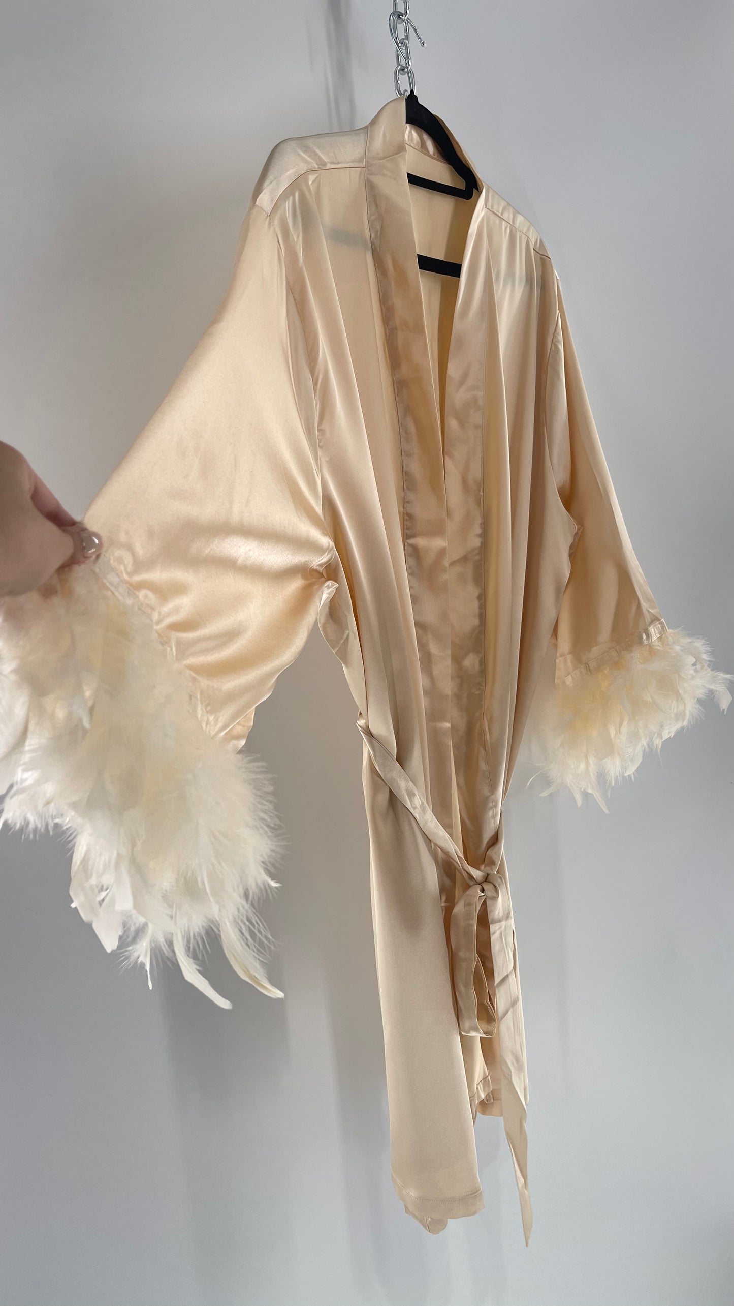 Champagne Satin Loungewear 2piece Set with Ostrich Feather Trim (3XL)