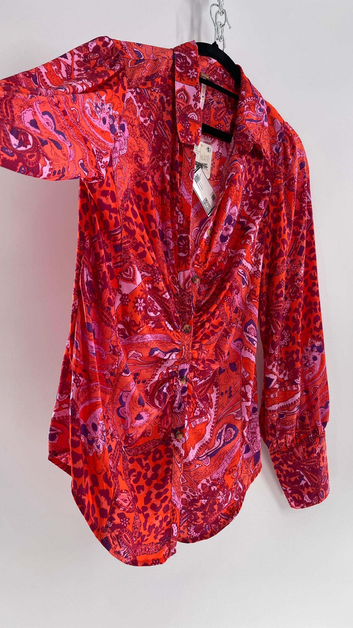 Free People Red, Neon Orange Leopard Paisley Patterned Button Front(Medium)