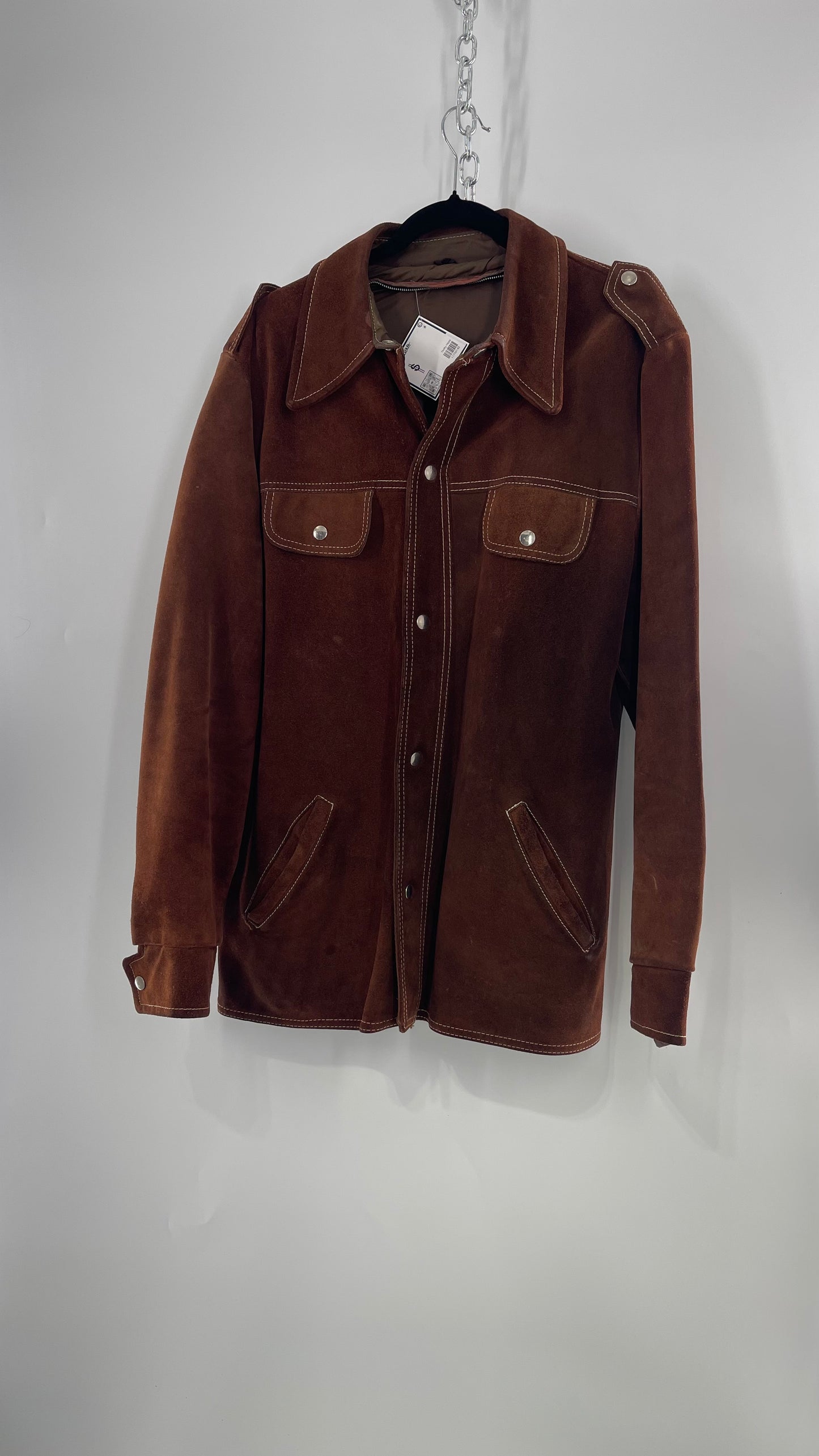 Vintage Brown Suede Jacket with Contrast White Stitching (C)(Large)