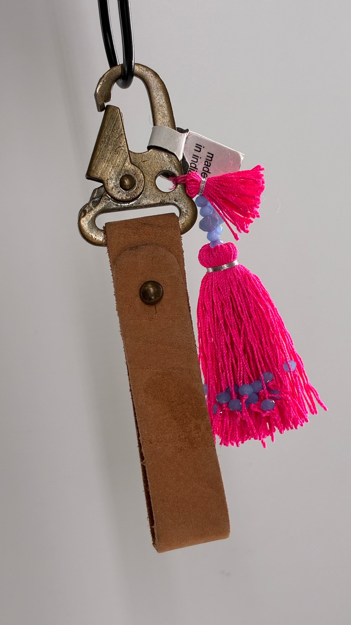 Free People Leather Wristlet Keychain with Neon Pink Beaded Tassel