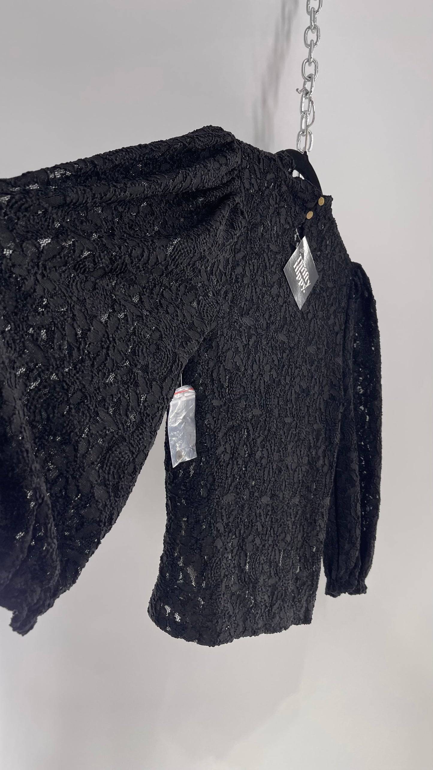 Free People Black Lace Bubble Quarter Sleeve Turtle Neck and Extra Buttons (XS)