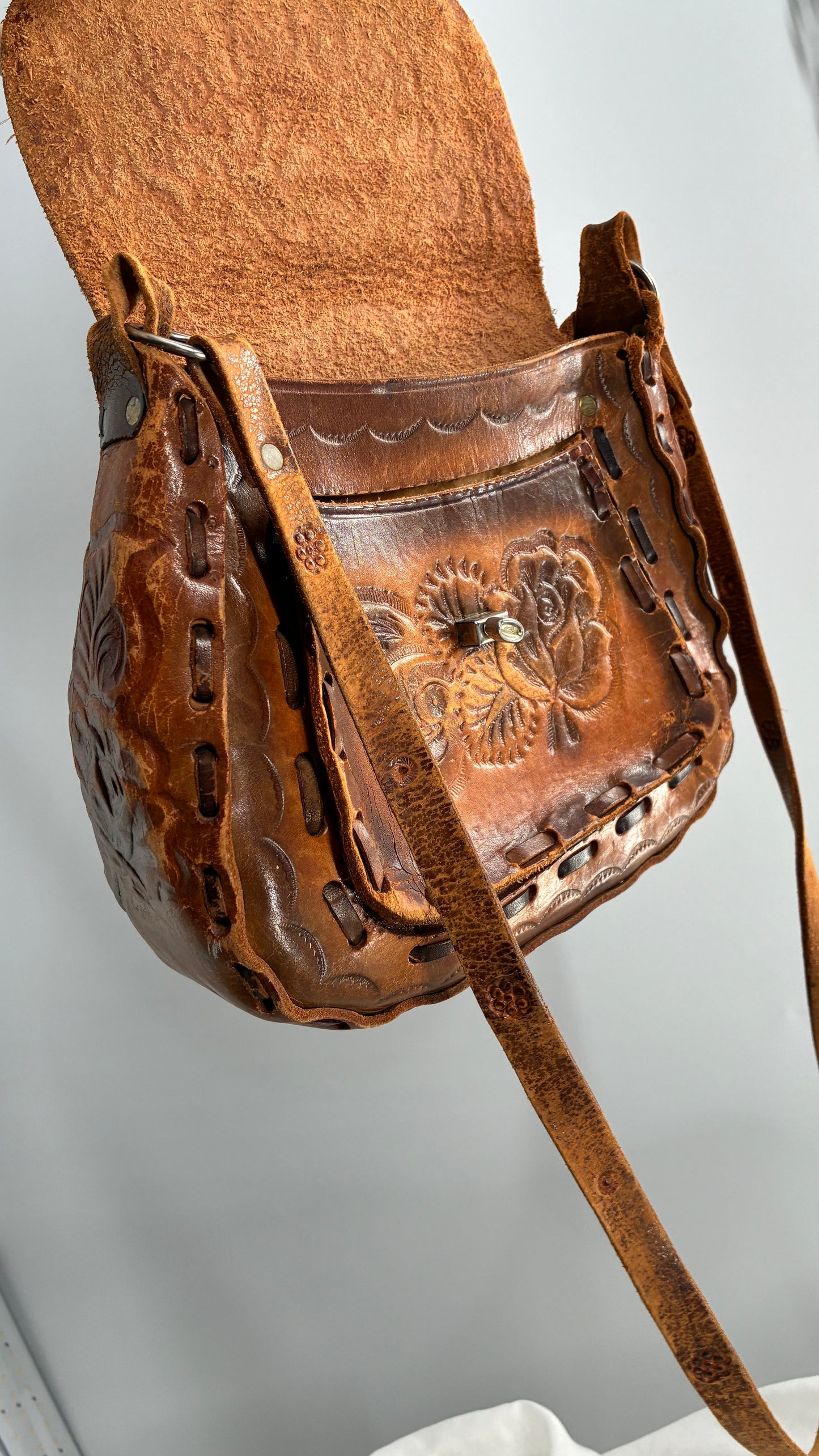 Vintage Made in Mexico Rose Embossed Leather Satchel Bag with Debbie Signature