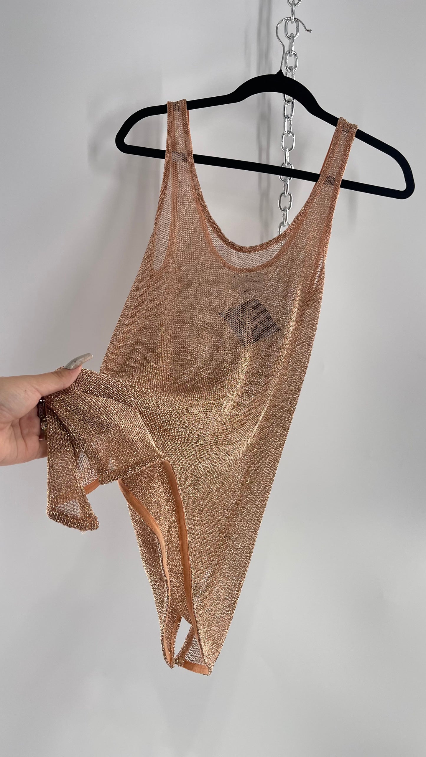 Kendall + Kylie Rose Gold Metallic Mesh Tank (M)