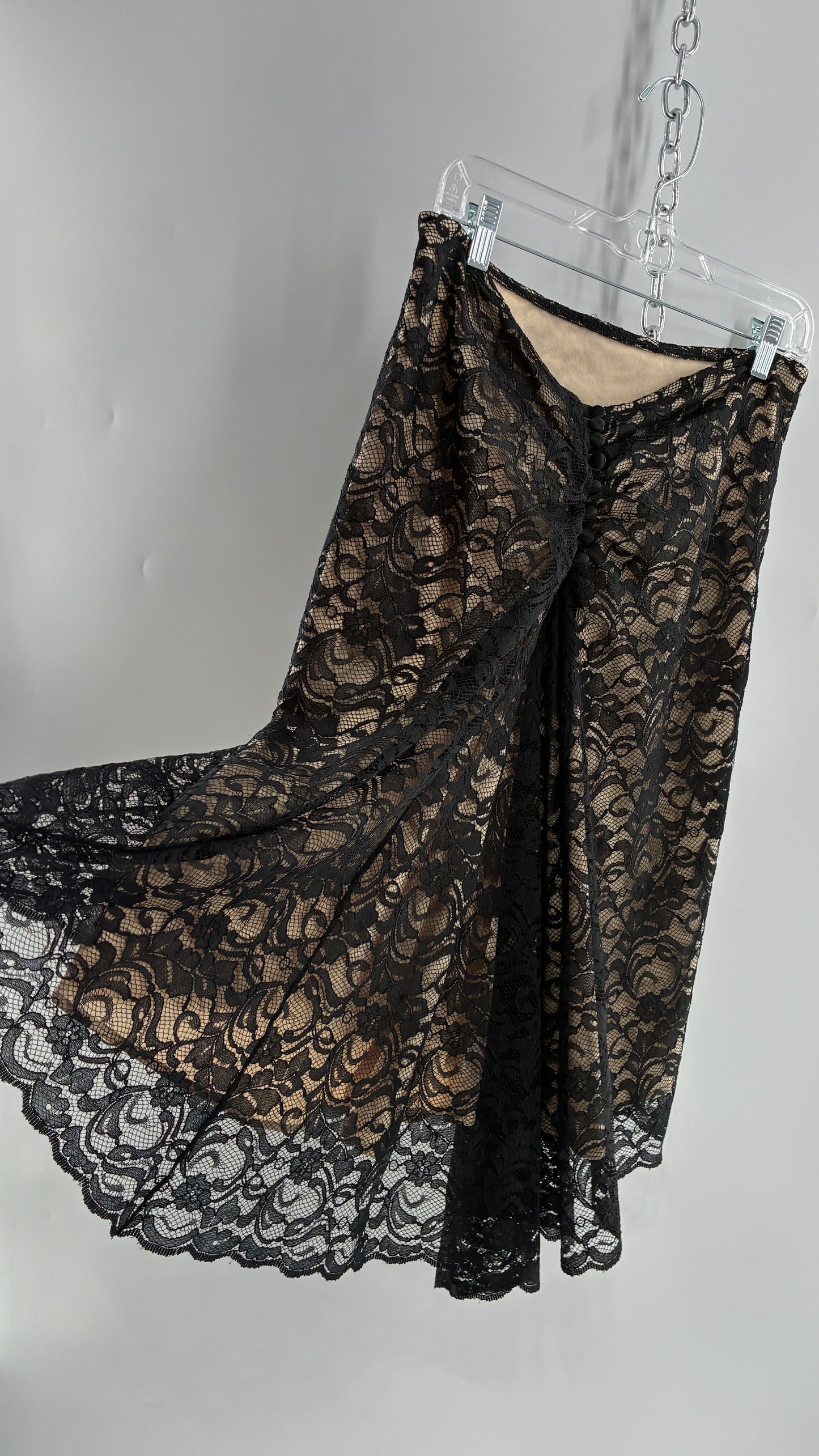 Vintage HEART MOON STARS Black Lace Overlay + Nude Underlay Skirt with Low Wired Back, Ruched Bum, and Button Down Back(8)