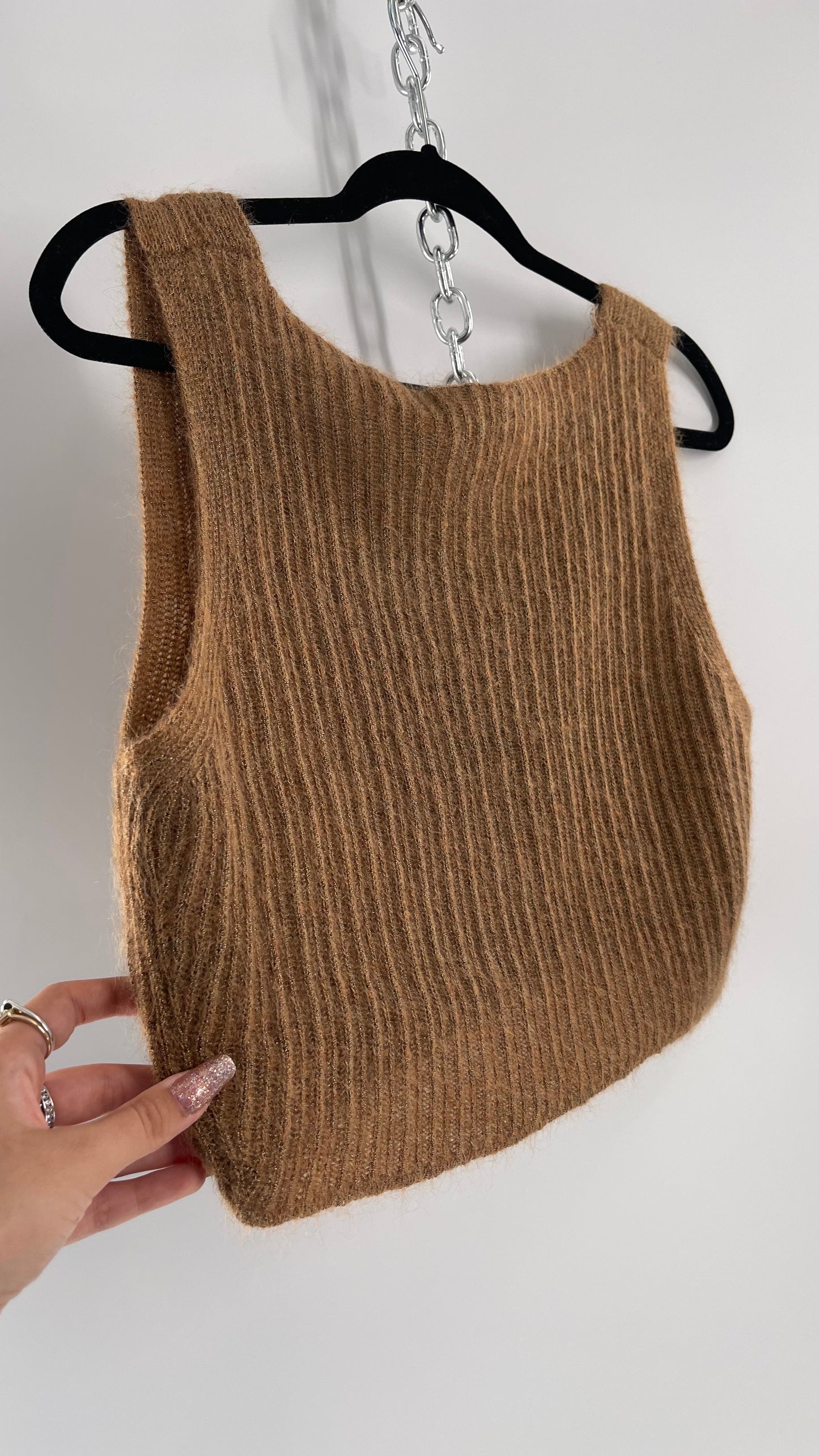 Vintage Anne Klein 42% Mohair Tan Knit Tank with Gold Tinsel (Large)