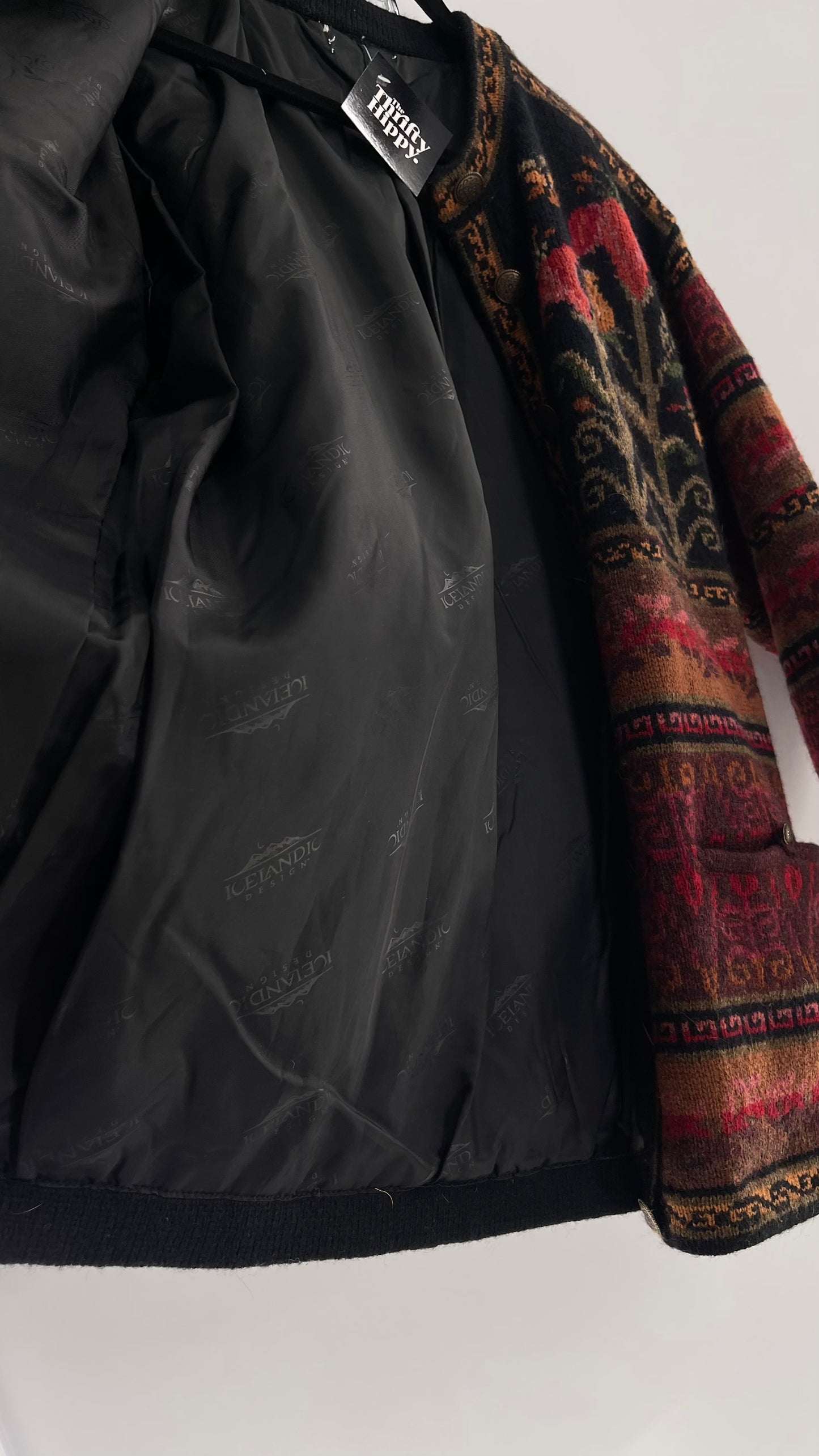 Vintage Iceland Design Wool Jacket with Brass Embossed Buttons and Folk Floral Patterning(C)(Medium)