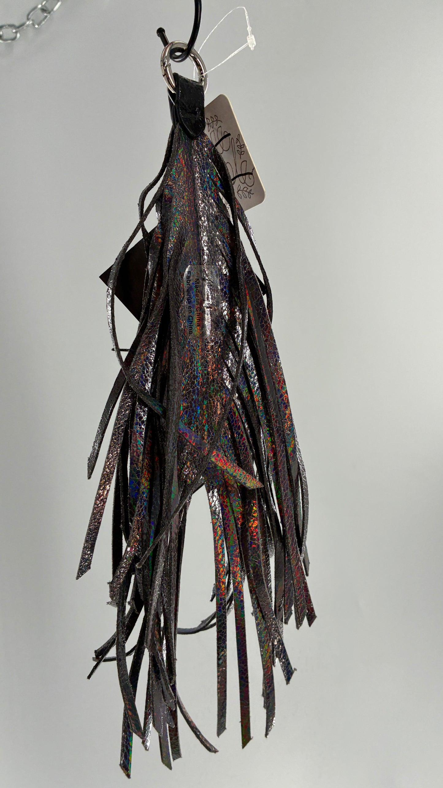 Free People Iridescent Silver Leather Feather Keychain Ring with Tags Attached