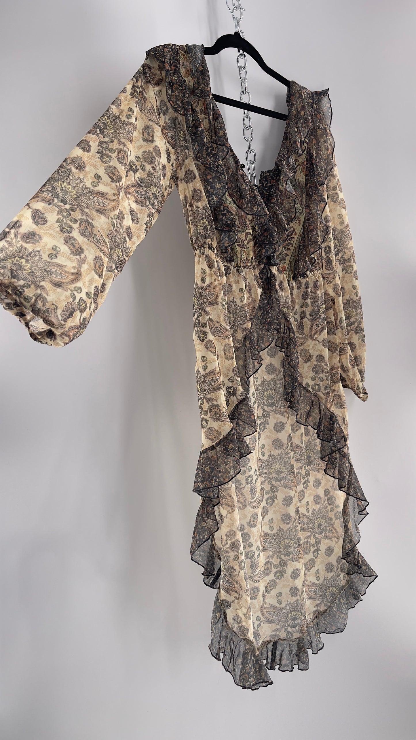 Free People Let Me Be Paisley Dual Toned High Low Sweeping Cape with Ruffled Bust and Hemline with Tags Attached (Small)