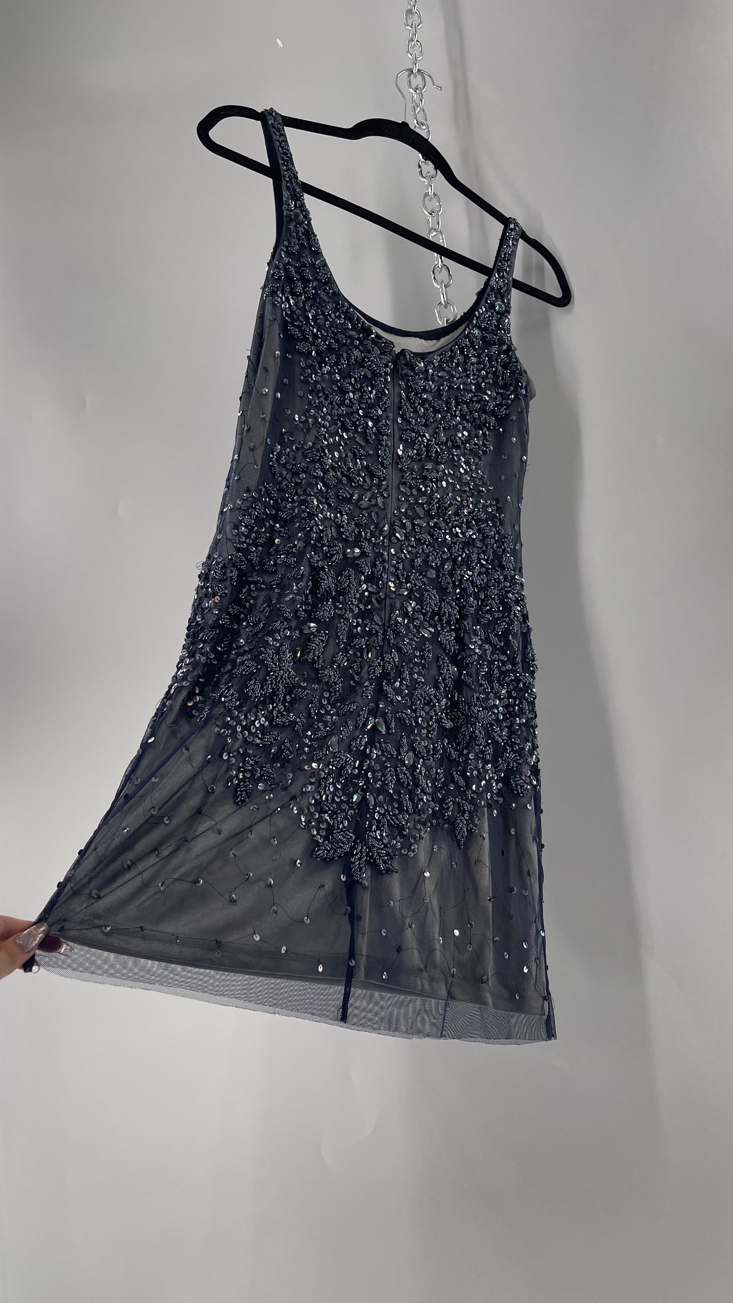 Vintage Cache Moonlight Grey/Navy Blue Tunic Mini Dress with Accentuating Placement of Beads, Sequins and Embroidery Details (2)