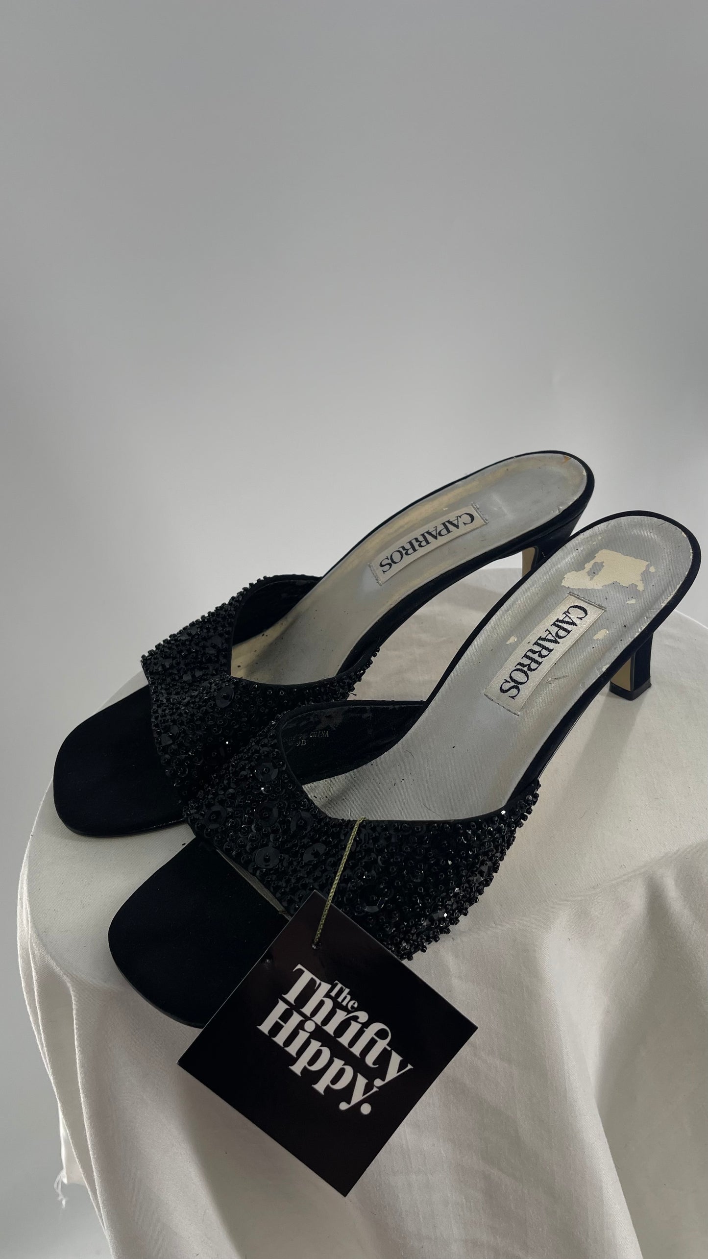 Vintage Caparros Black Square Toe Kitten Heel with Sequin Embellishments (9)