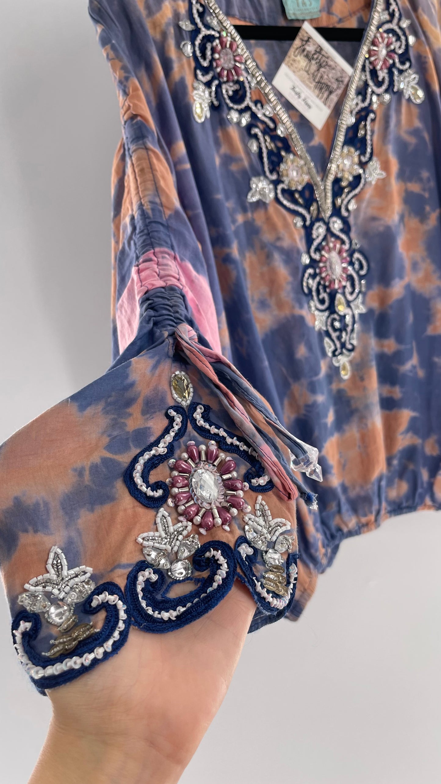 TAJ by Sabrina Crippa Tie Dye Blouse with Gemstone Encrusted Neckline and Ruched Beaded Sleeves (S/M)