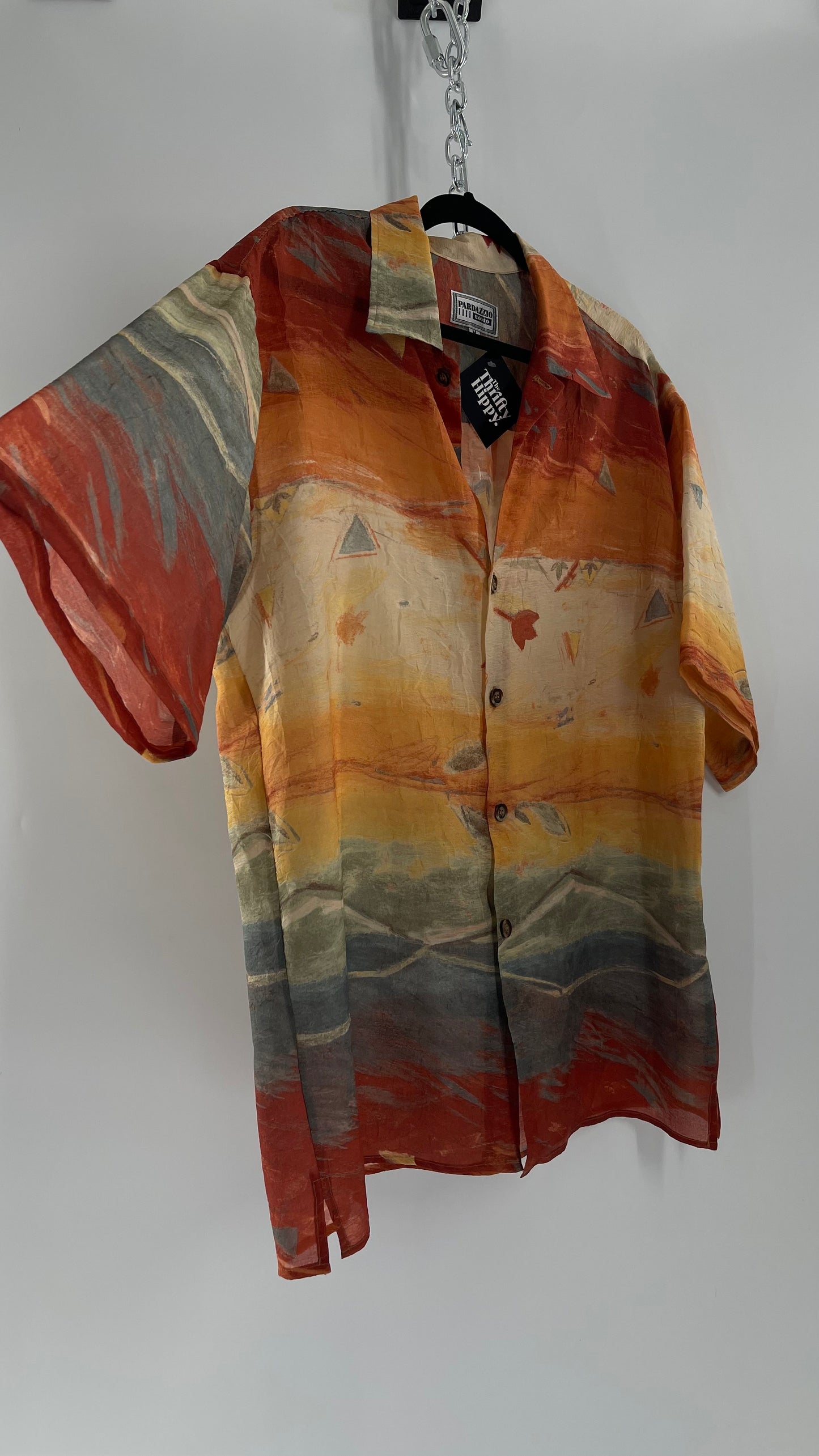 Vintage Pardazzio Uomo Sheer Crimped Abstract Fall Short Sleeve Button Up (Medium)