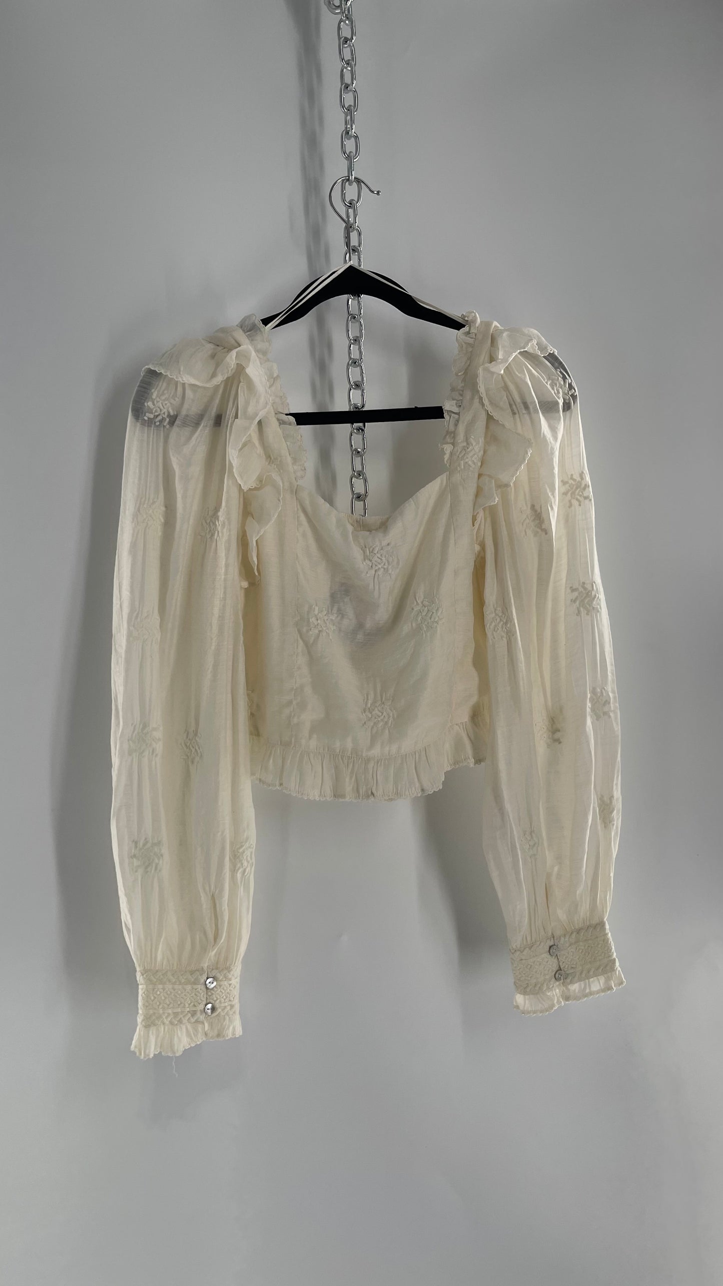 Free People White Cotton Bubble Sleeve Blouse with Embroidered Details (Medium)