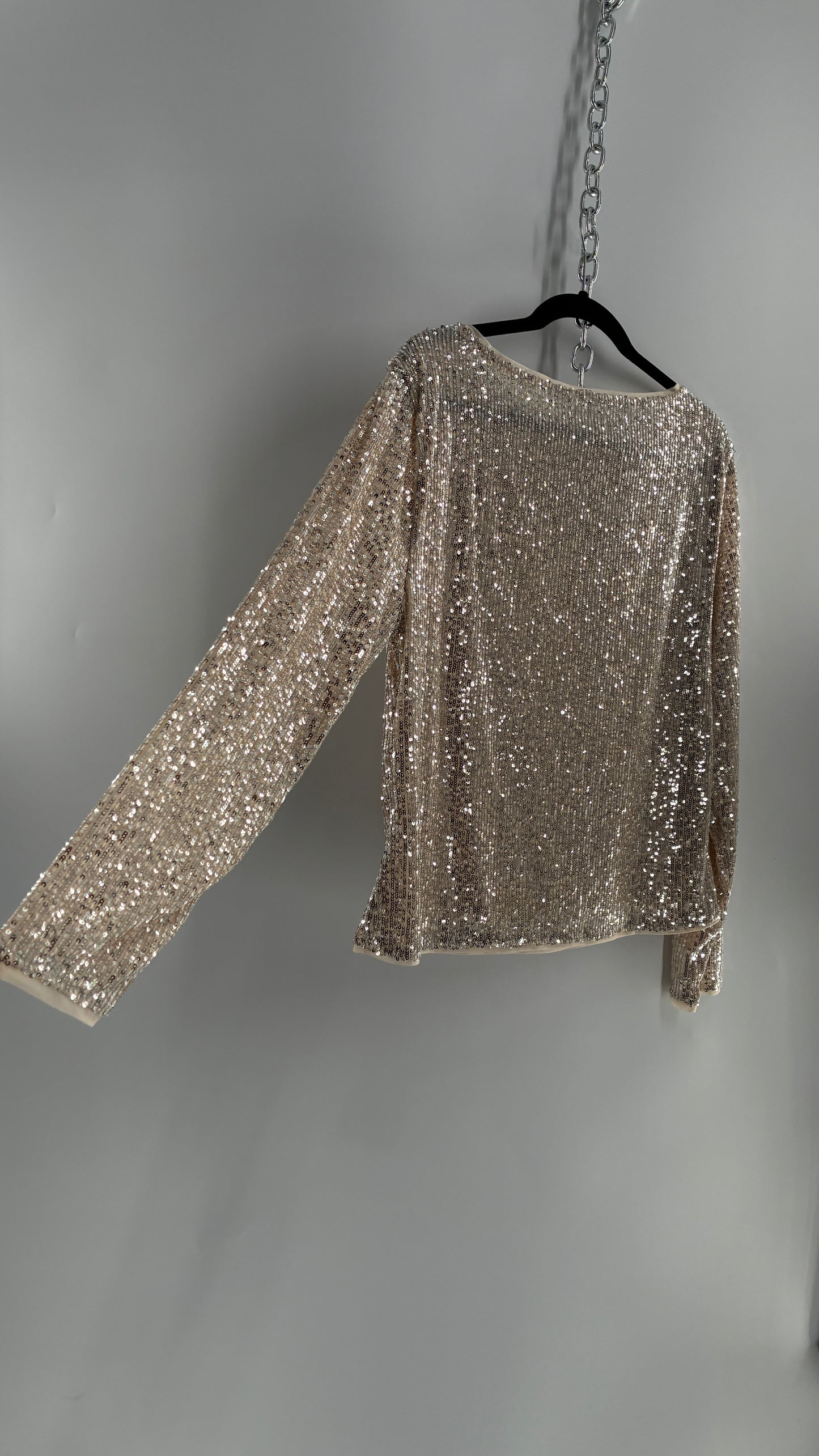 LOFT LOFT Champagne Sequin Long Sleeve Blouse with Tags Attached (XL)