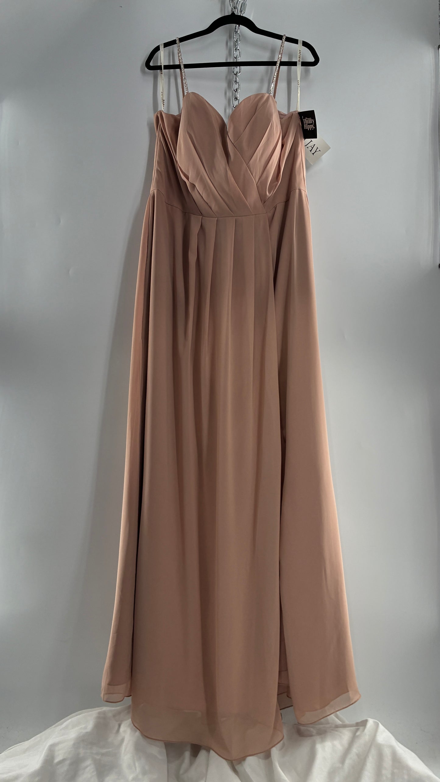Vintage BARI JAY Nude/Blush Pink Full Length Dress with Embellished Straps and Side Slit Detail (16W)