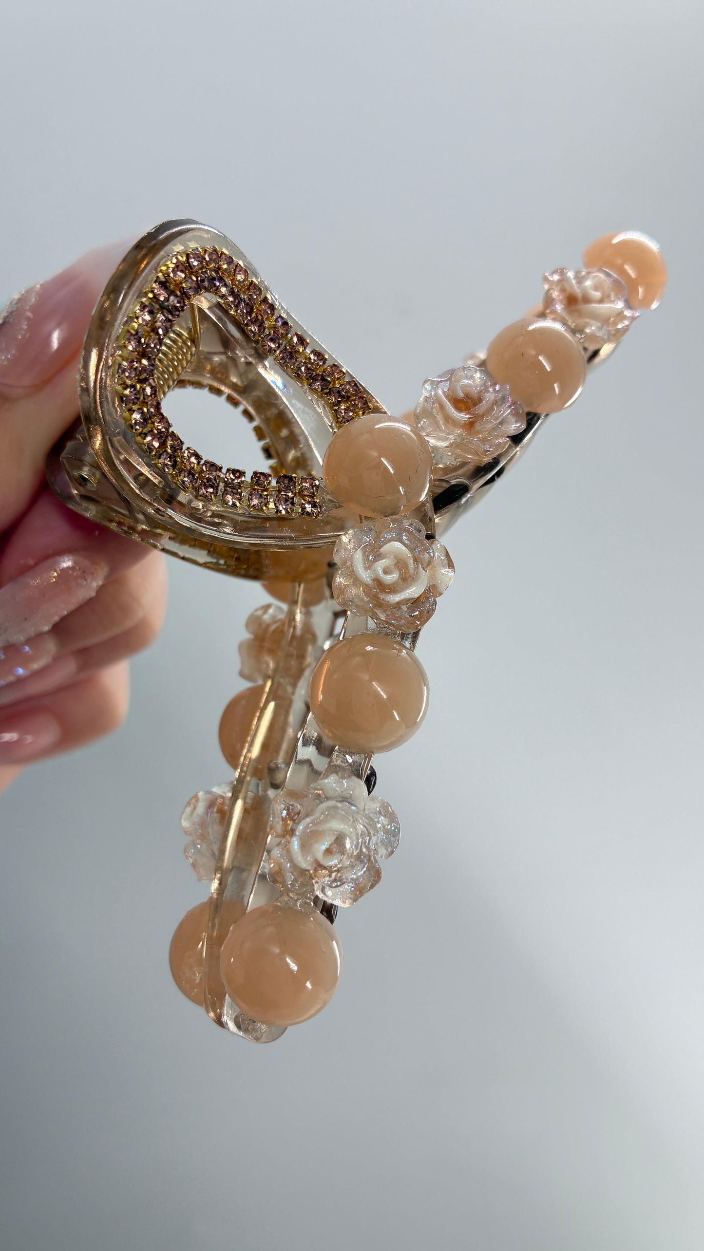 Beige Tan Beaded Rhinestone Claw Clip