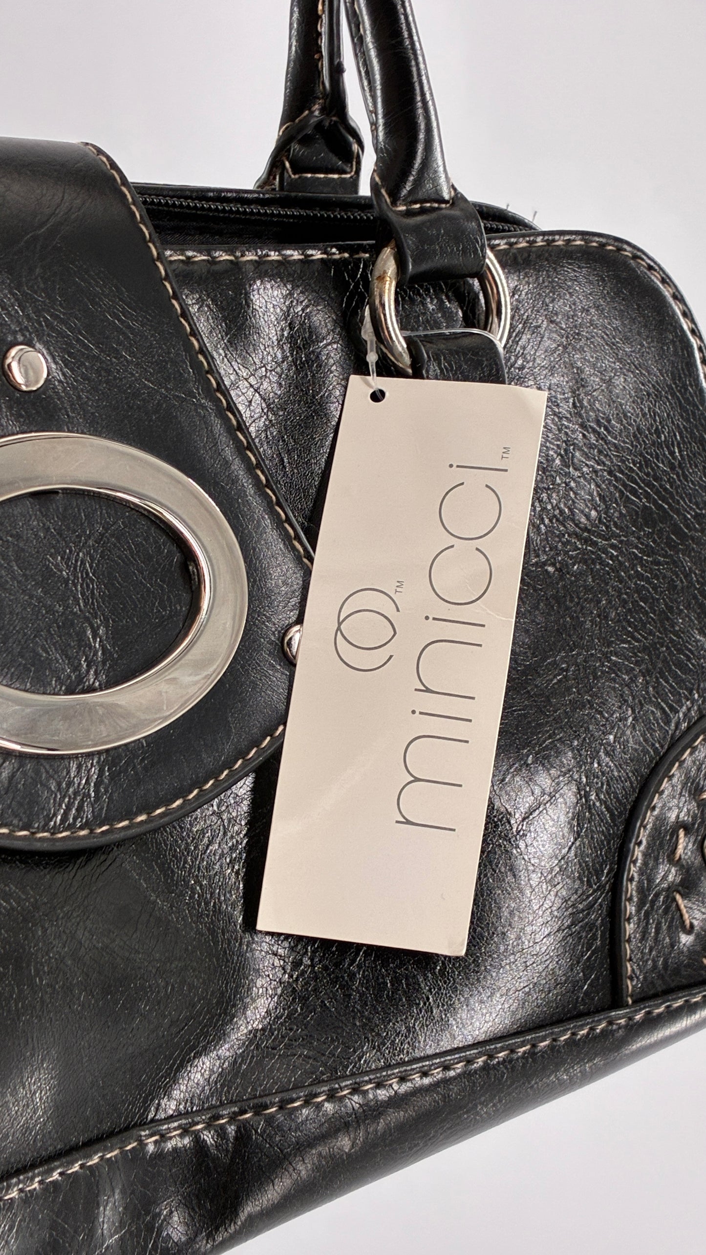 Deadstock Vintage MINICCI Black Shoulder Bag With Silver Hardware, Exaggerated Stitching