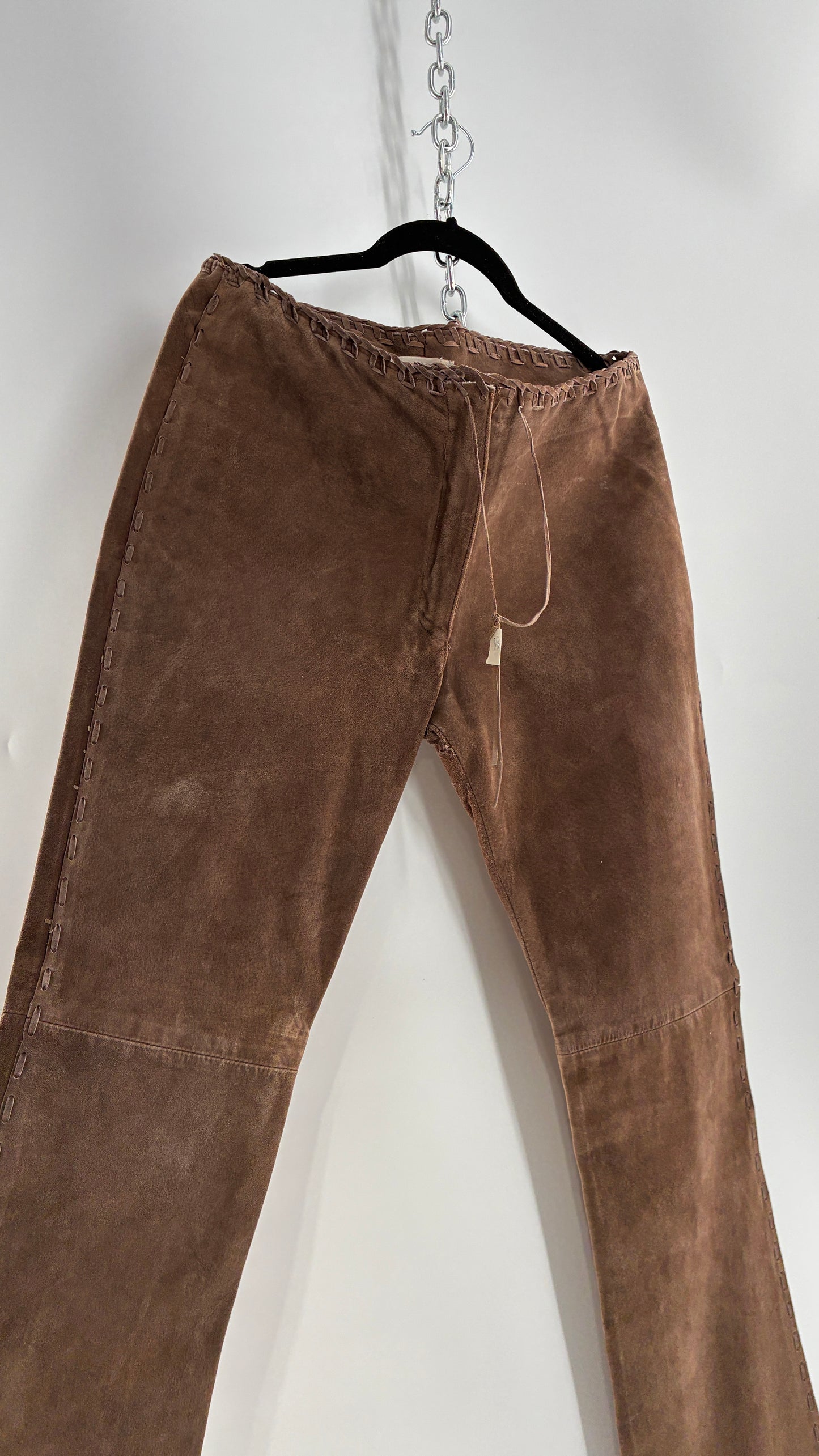 Vintage SWEET ROMEO Suede Leather Stitch Side, Braided Hem Pants (10)