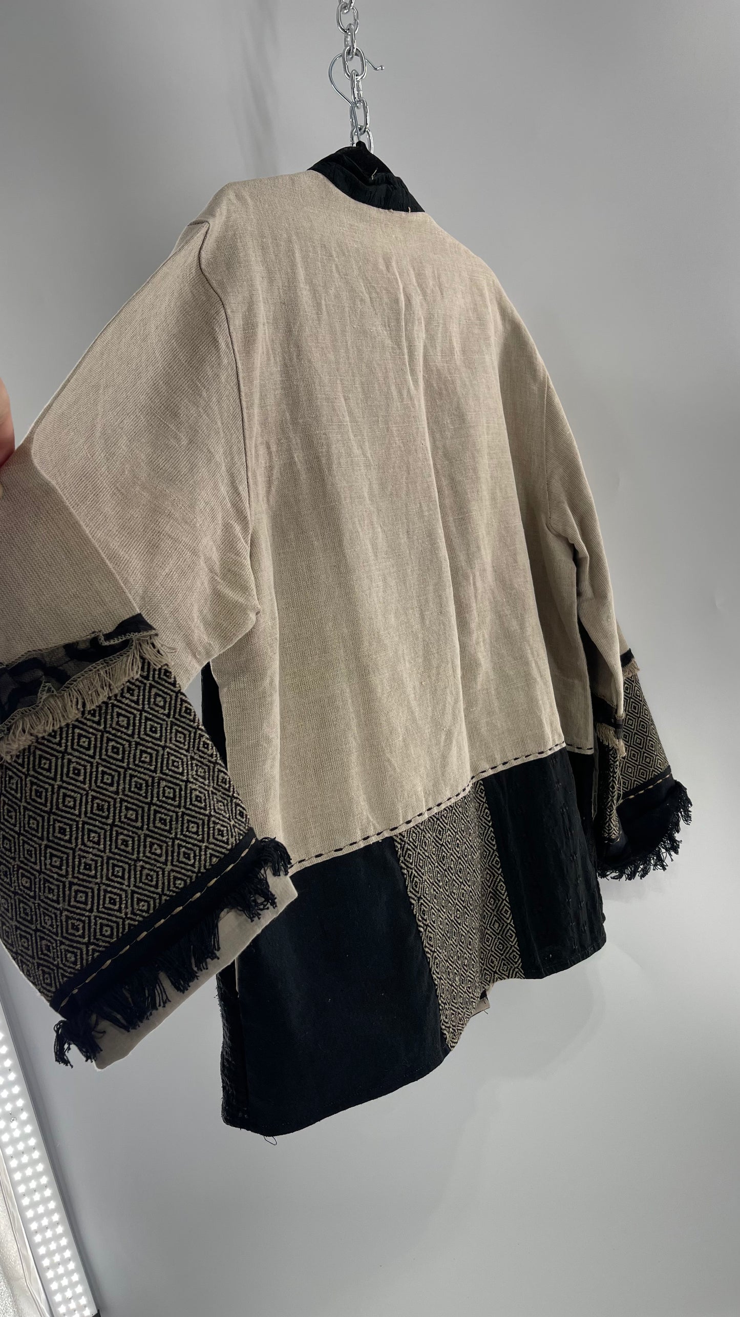 Deadstock Vintage Flashback Patchwork Coat with Mixed Neutral Fabrics, Embroidery and Fringe Details (Large)