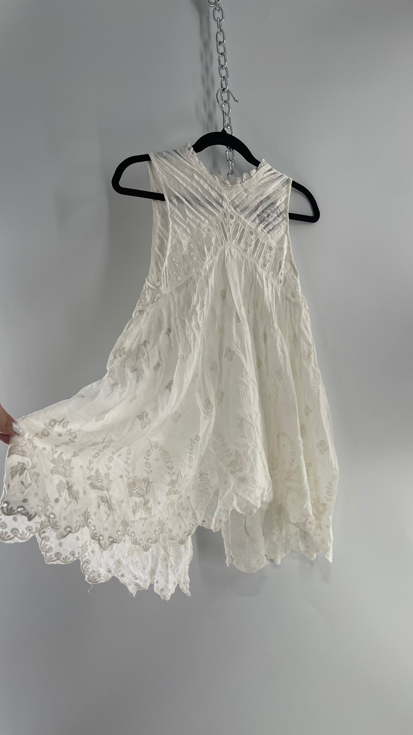 Free People White Cotton Eyelet Embroidered Lace Tank with Pleating, Buttoned and Slit Back (Small)