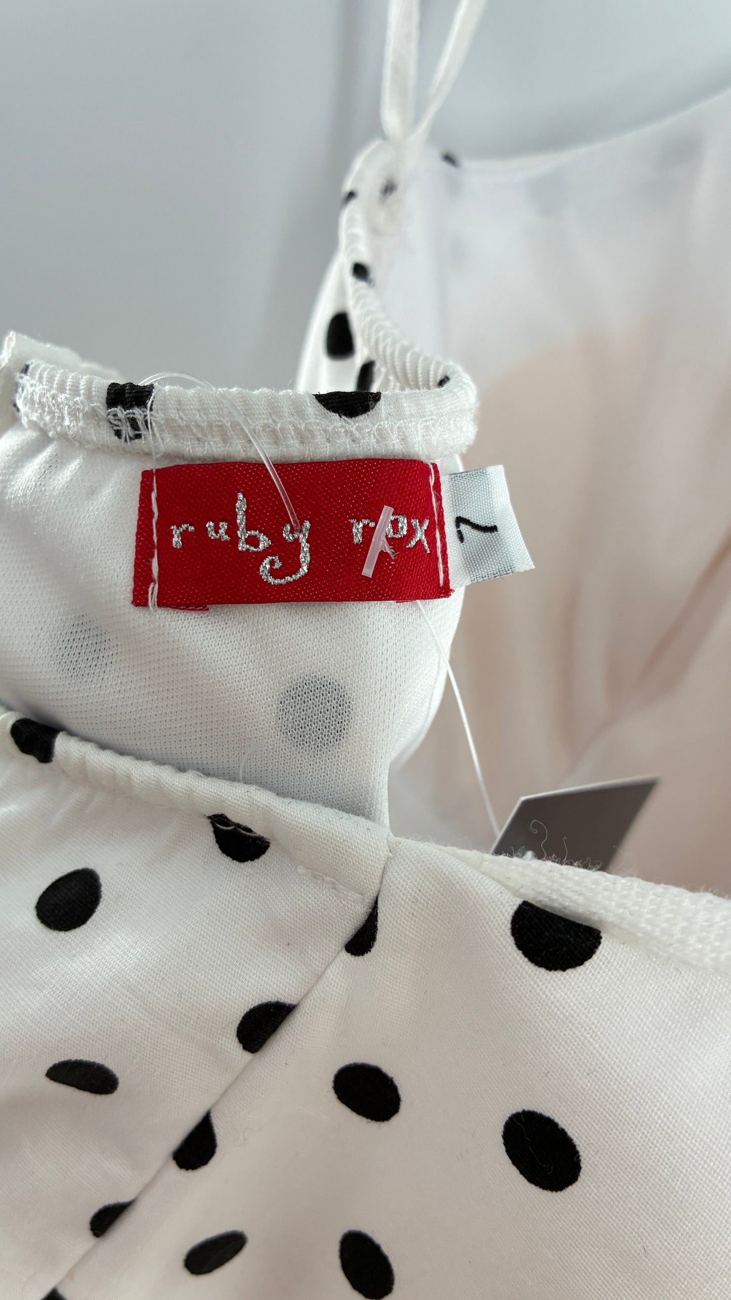 Deadstock Vintage Ruby Rox Retro Style White and Black Polka Dotted Mini Dress with Tulle Trim (7)