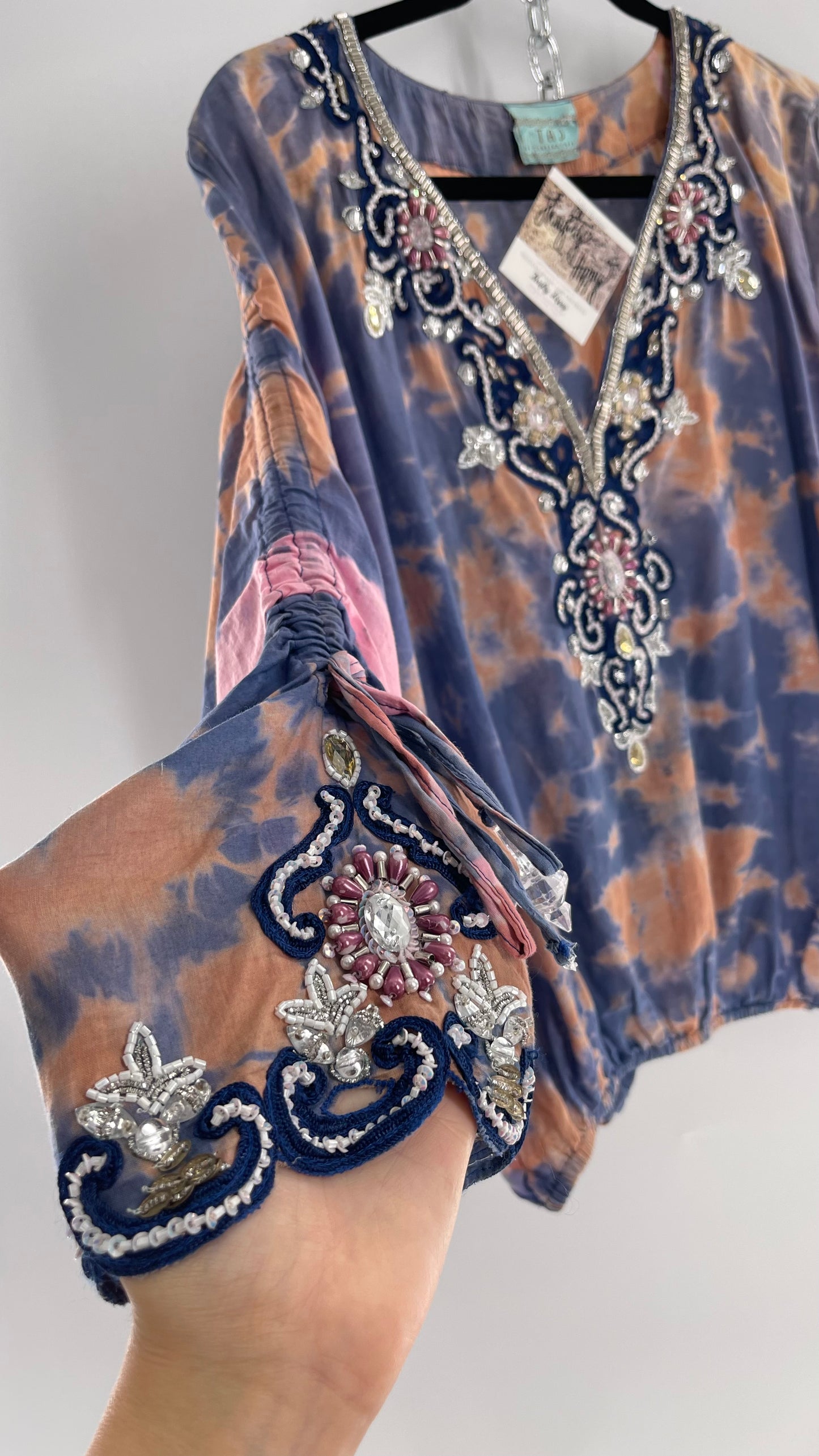 TAJ by Sabrina Crippa Tie Dye Blouse with Gemstone Encrusted Neckline and Ruched Beaded Sleeves (S/M)