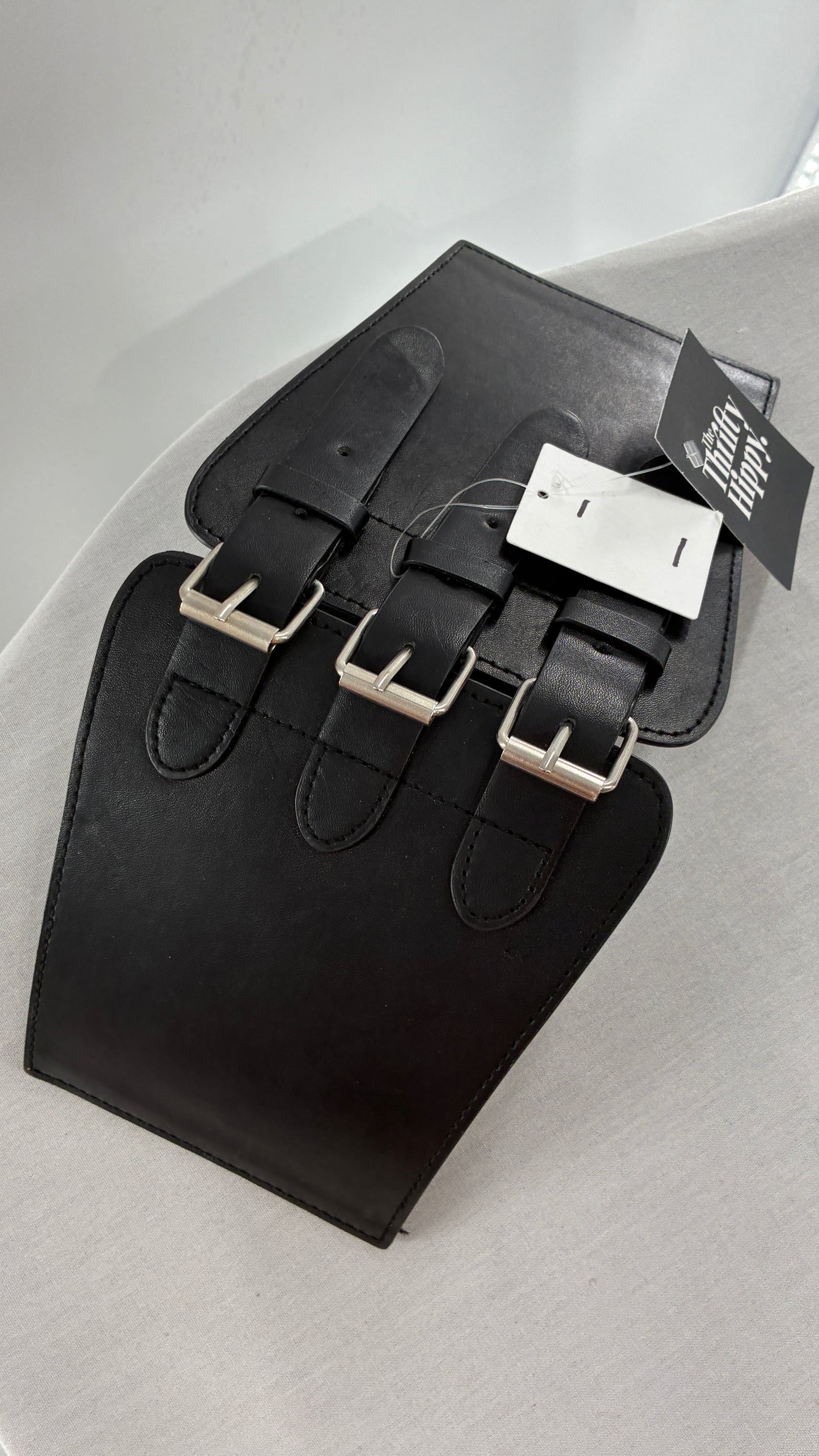 Urban Outfitters Black Corset Belt with Many Buckles and Tags Attached (One Size)