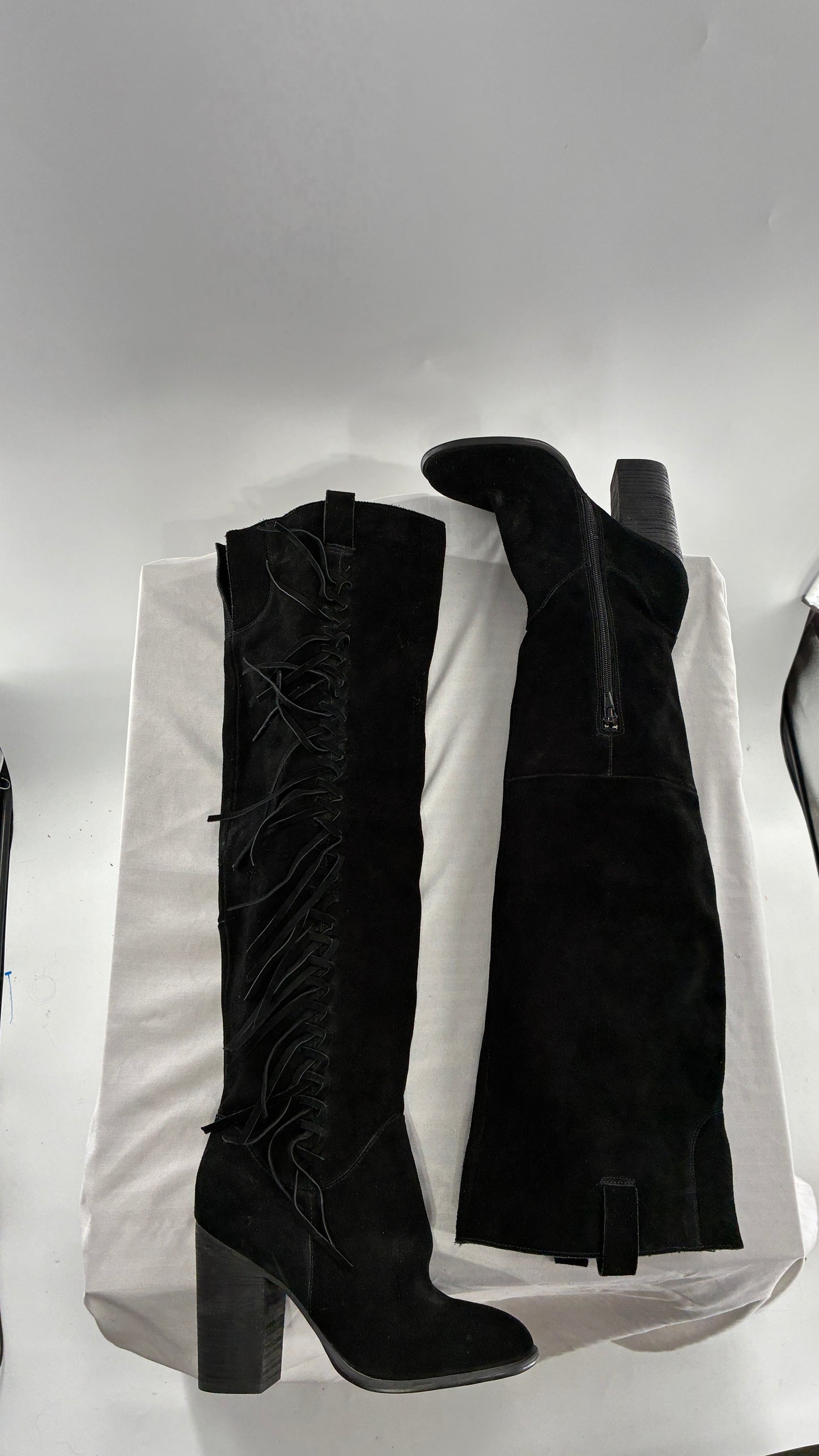 Vintage CARLOS SANTANA Genuine Suede Leather Thigh High Tassel, Fringe Side Boots (7.5)