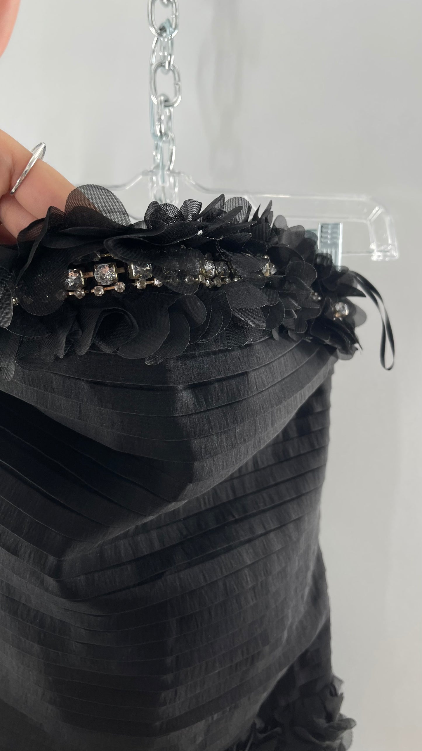 C.O:GWBG Black Dress with Pleated Bodice, Floral Ruffled Skirt and Bedazzled Bustline (S/M)