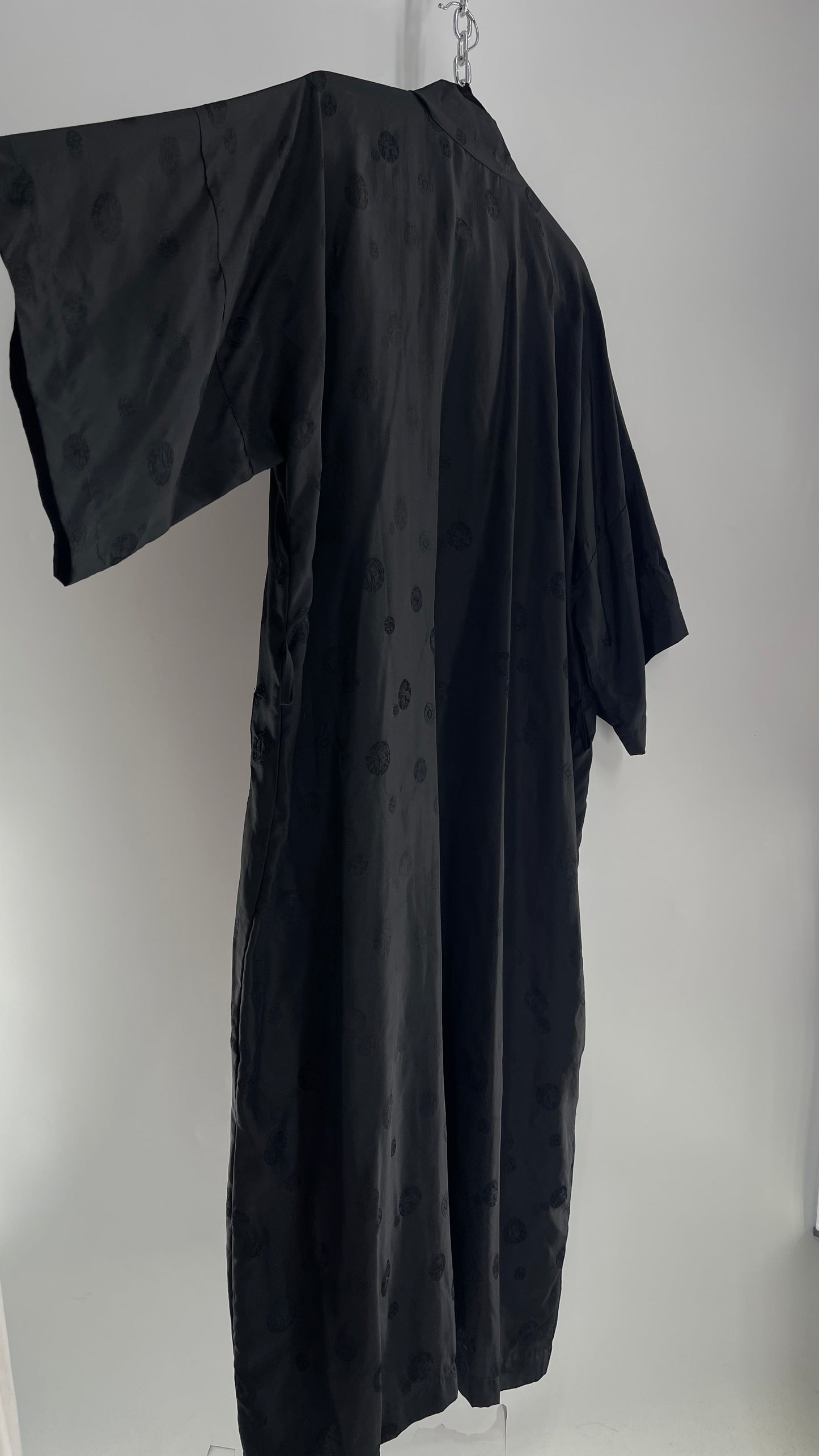 Vintage TREESHA 100% Pure Silk Black Long Embossed Robe (Large)