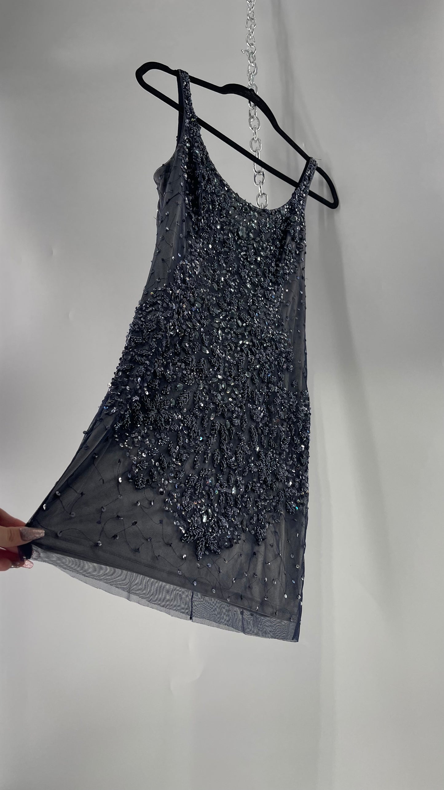 Vintage Cache Moonlight Grey/Navy Blue Tunic Mini Dress with Accentuating Placement of Beads, Sequins and Embroidery Details (2)