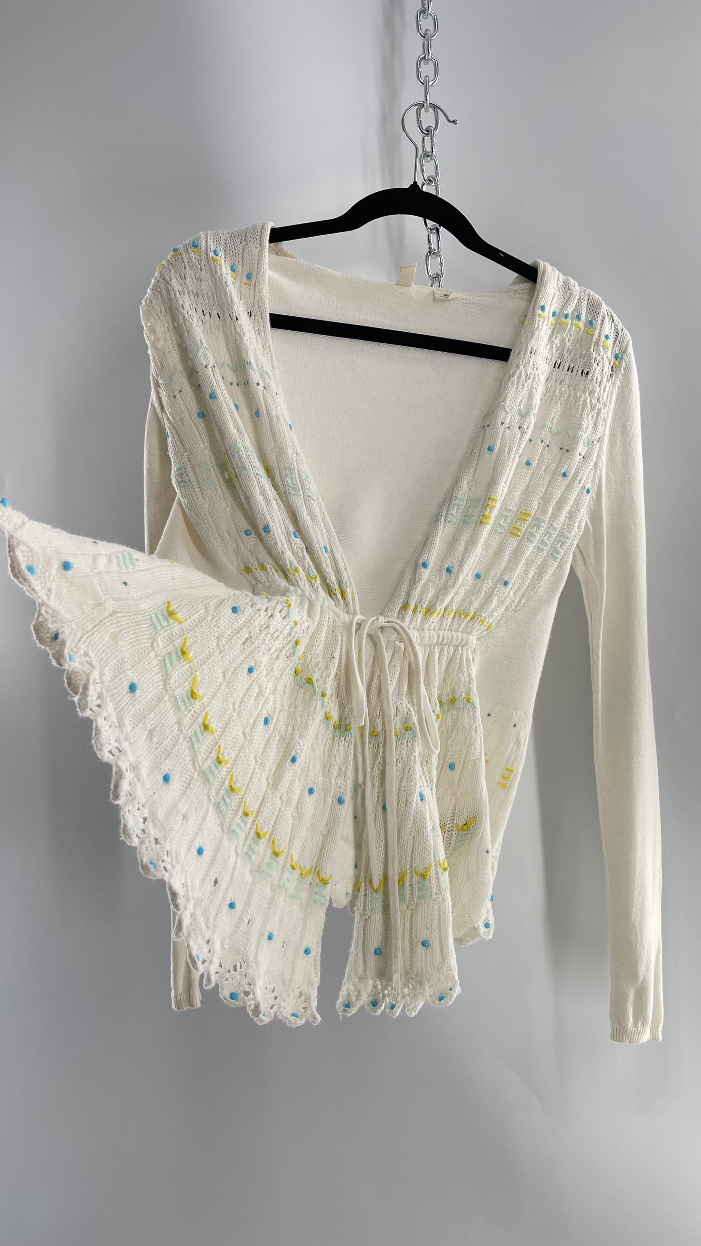 MOTH Anthropologie Beige Knit Tie Bust Sweater with Embroidered Daisies and Delicate Beading (Small)