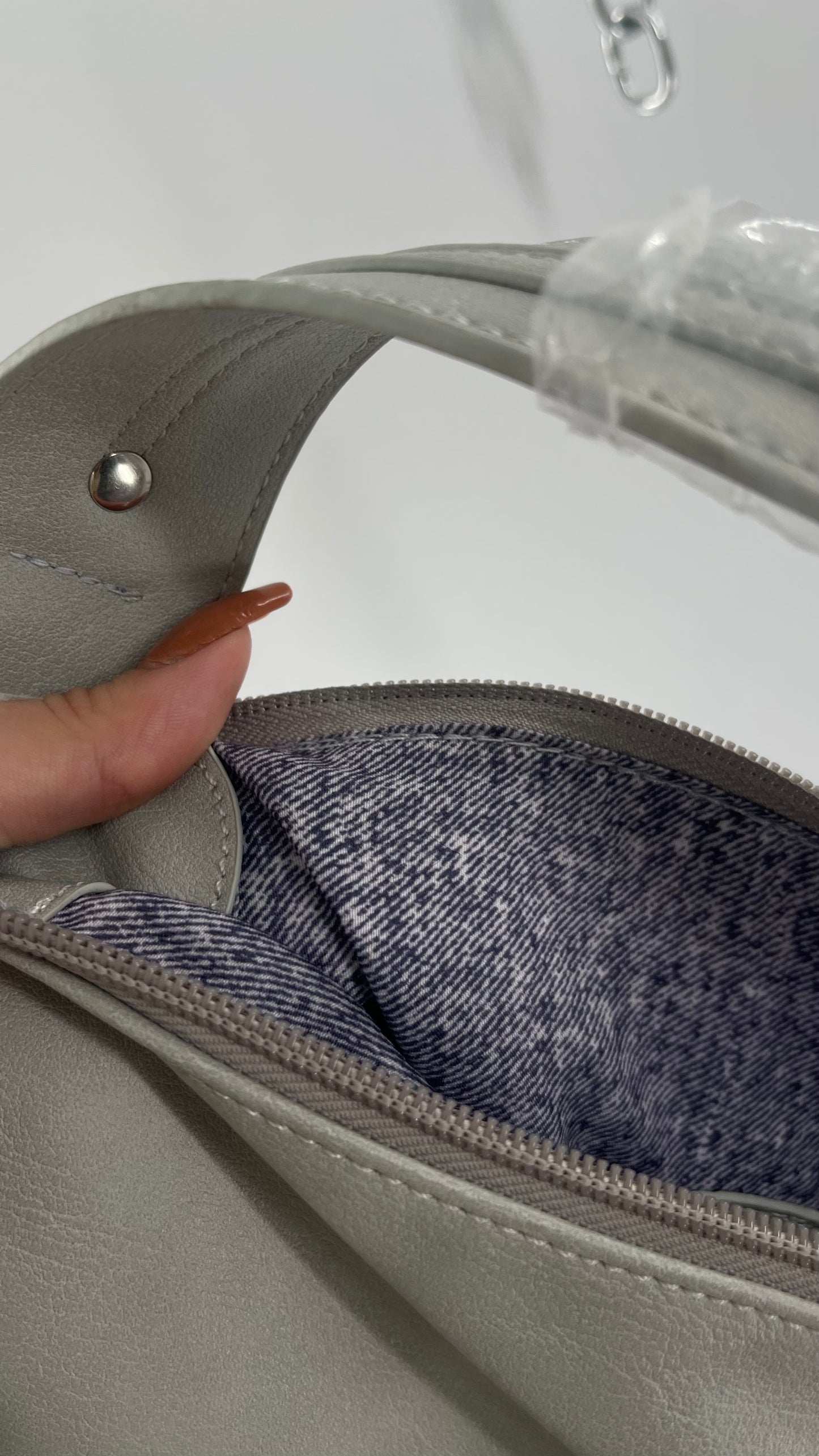 Free People Grey Leather Bag with Heavy Silver Metal Detailing, Pockets and Extra Strap