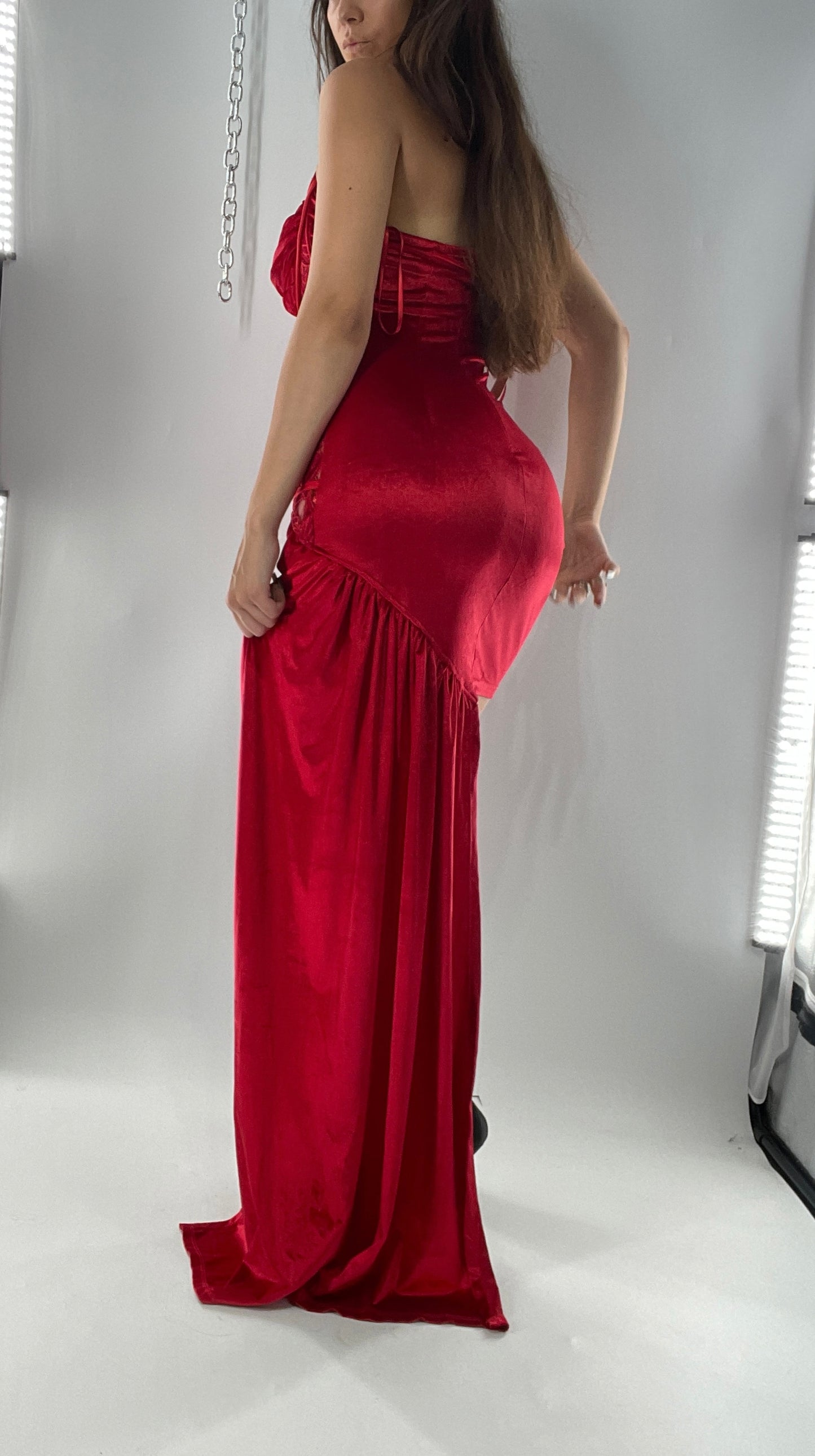 BANJUL Nalu Boutique Red Velvet Ultra Micro Mini Dress with Sheer Corseted Body, Ruched Cups and Side Sash (M)