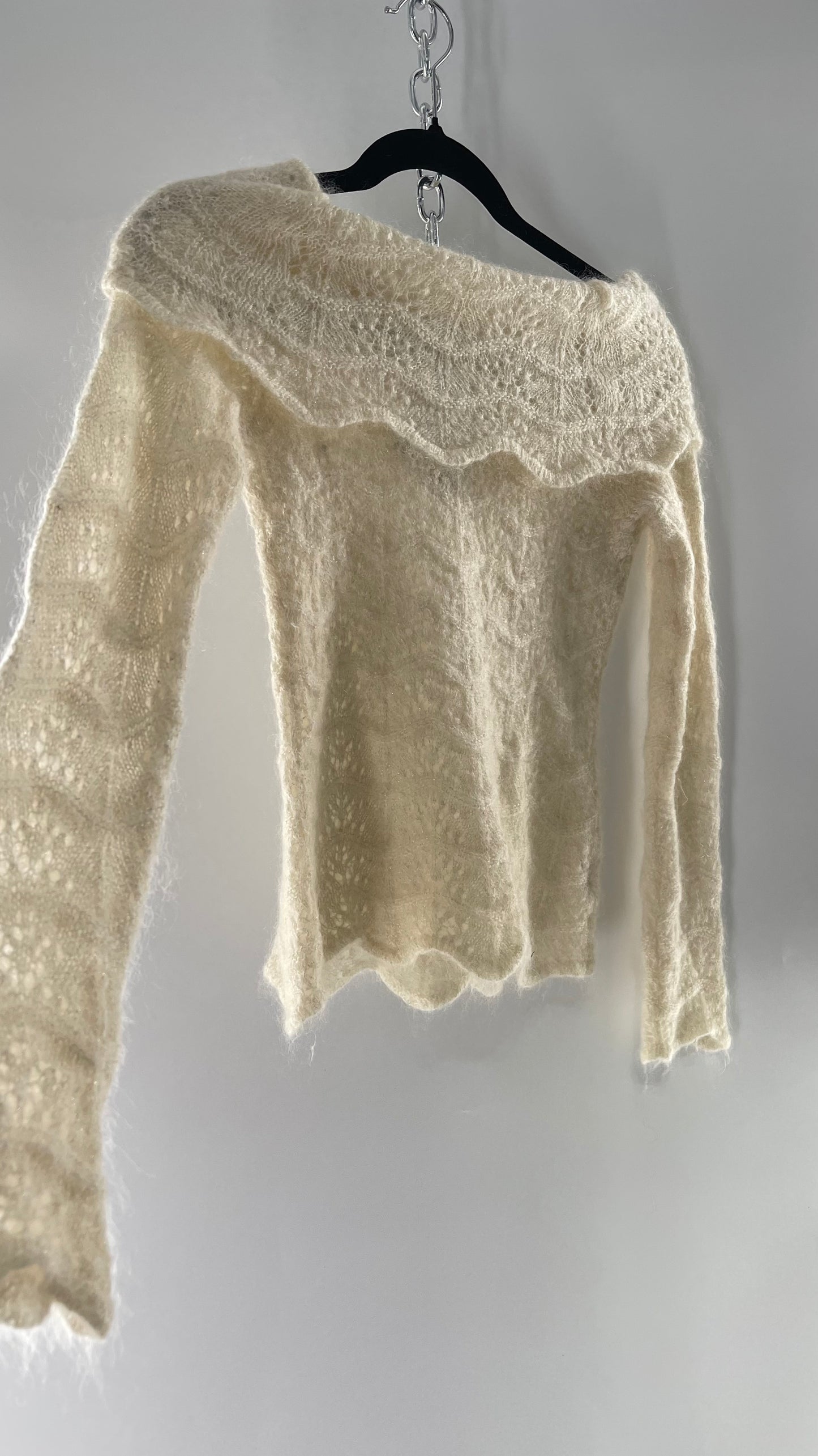 Vintage Ivory Off White Lace Knit Off the Shoulder Sweater Top (Medium)