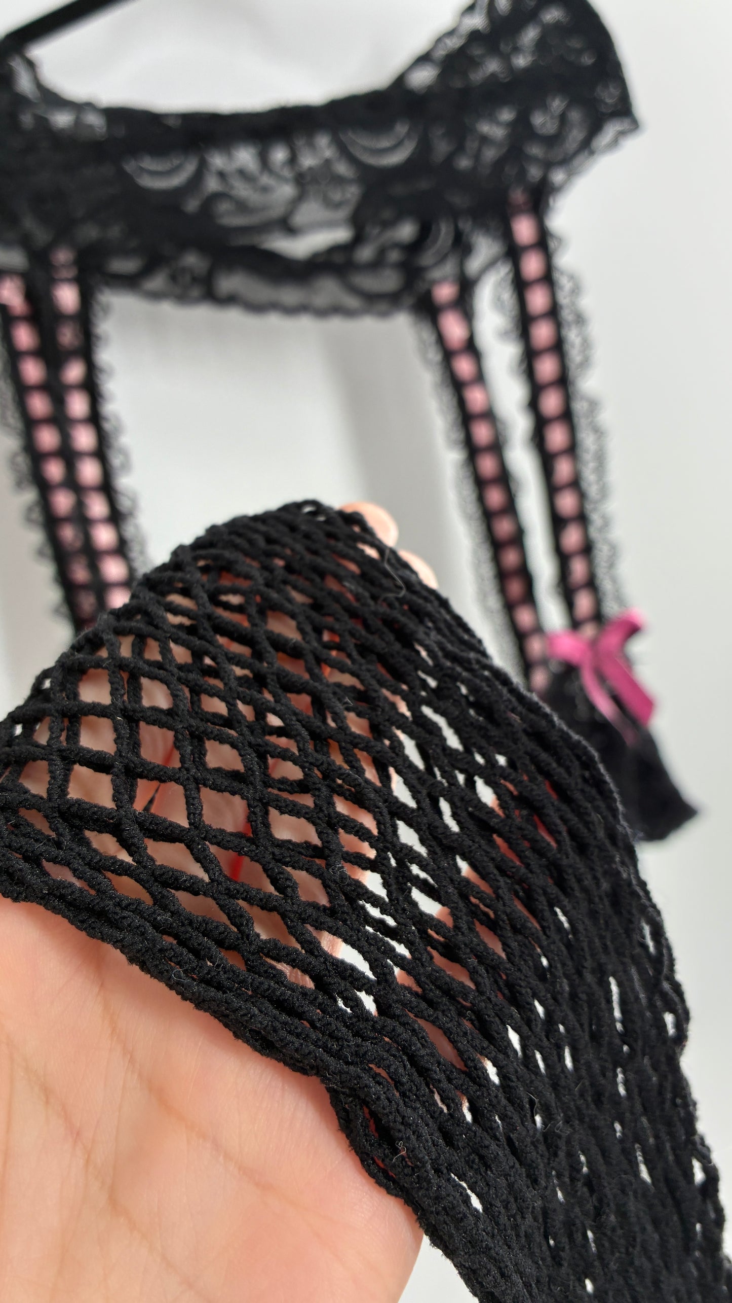 Vintage Black Mesh Garter Tights with Pink Ribbons, Lace, and Bows (One Size)