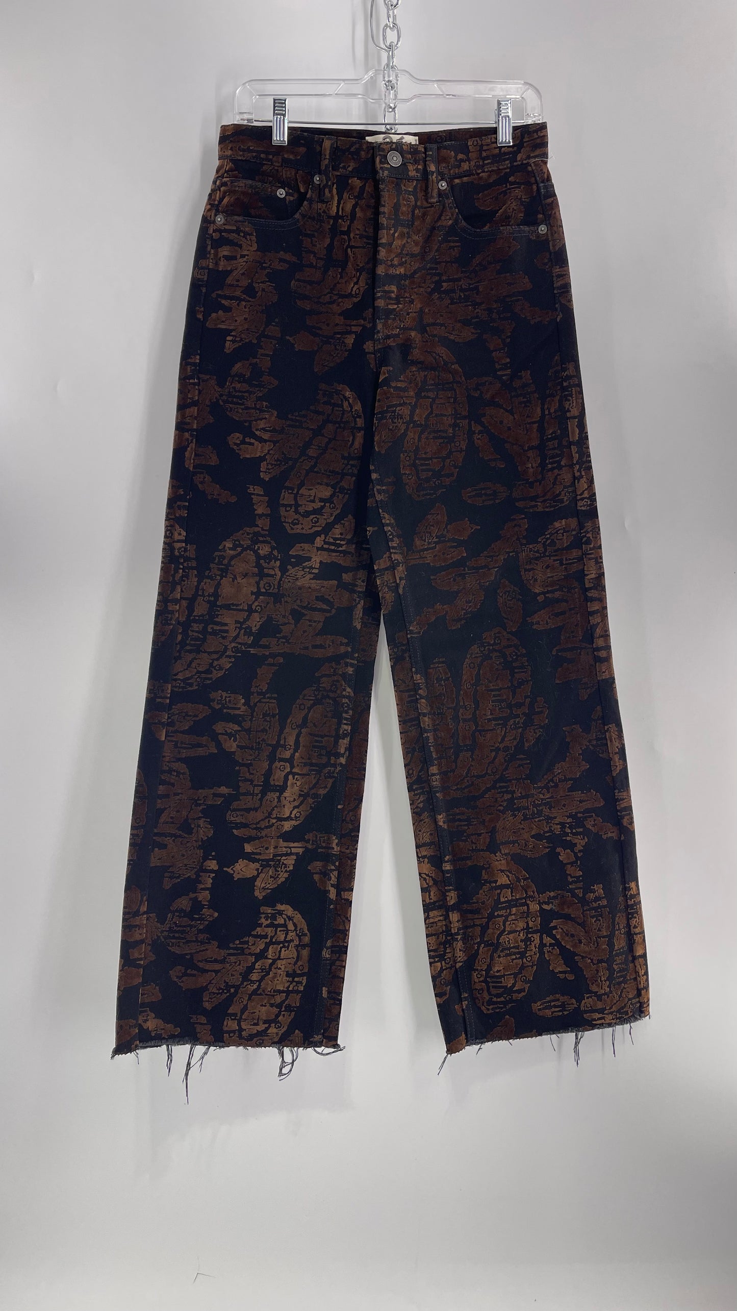Free People Black/Brown Velvet Texture Graphic Straight Legs with Raw Edge Hem and Tags Attached (28)