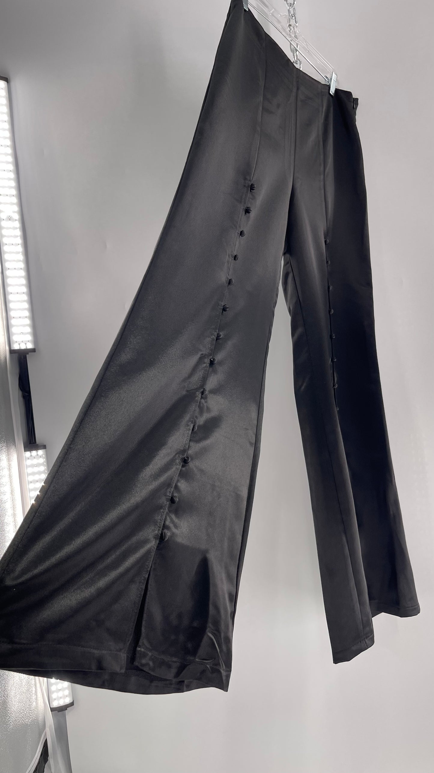 WHY Sultry Steps Black Satin Wide Leg Trouser with Vertical Strip of Satin Buttons (Medium)