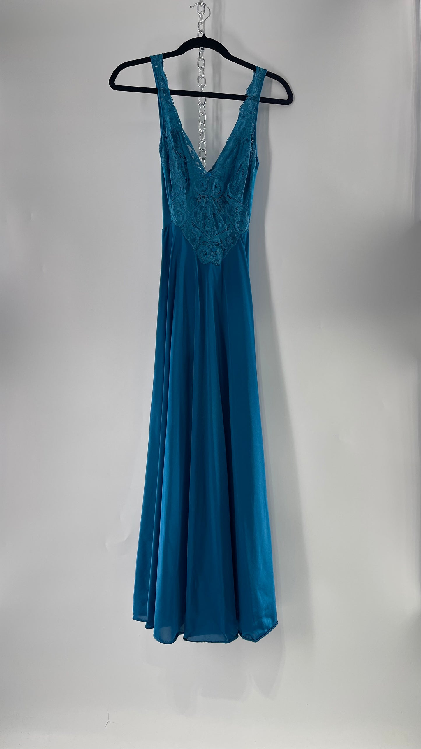 Vintage Olga Intimates Floor Length Voluminous Blue Jewel Toned Maxi Dress/Night Gown with Lace Bust (Small)