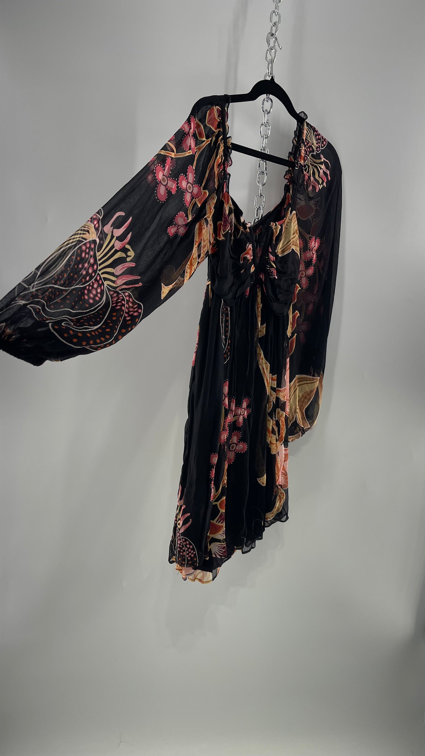 Anthropologie Let Me Be Crimped Black Chiffon Pink Floral Patterned l Dress with Tie/Open Back Detail and Tags Attached (Small)