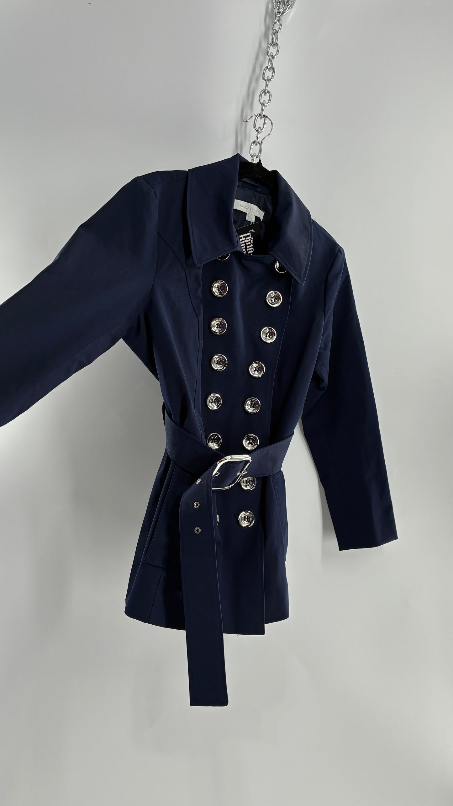 New York & Company Deep Navy Coat with Double Breasted Silver Buttons and Oversized Silver Buckle (Large)