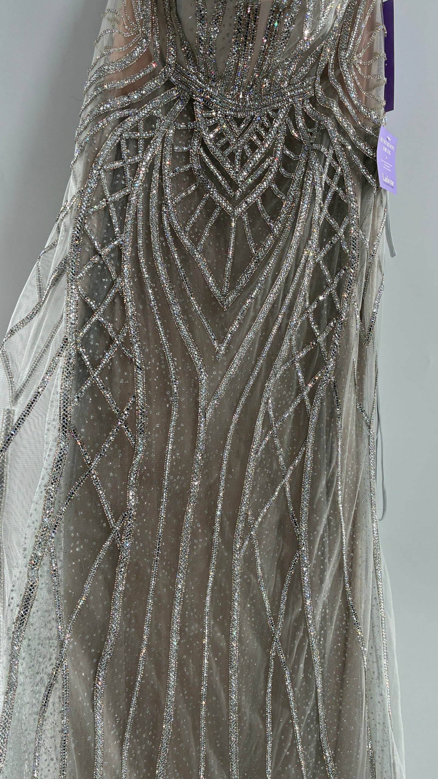 NWT LADIVINE by Cinderella Divine Silver Nude CC6018 Mermaid Corseted Gown with Multiple Layers of Tulle, Covered in Crystal Strips (16)