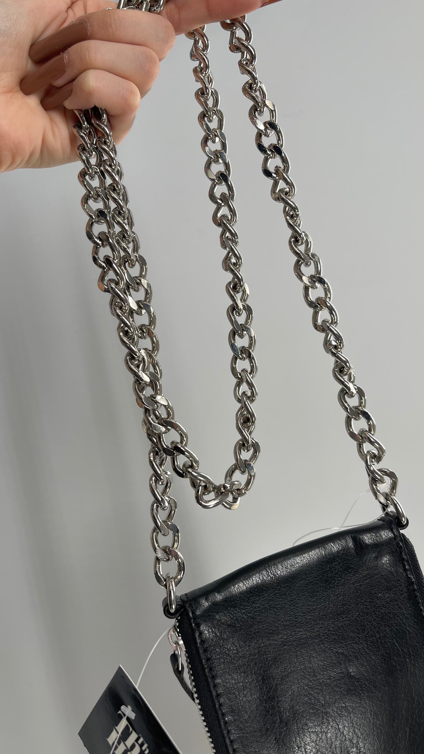 Free People Black Leather Phone Purse with Heavy Metal Chain Strap