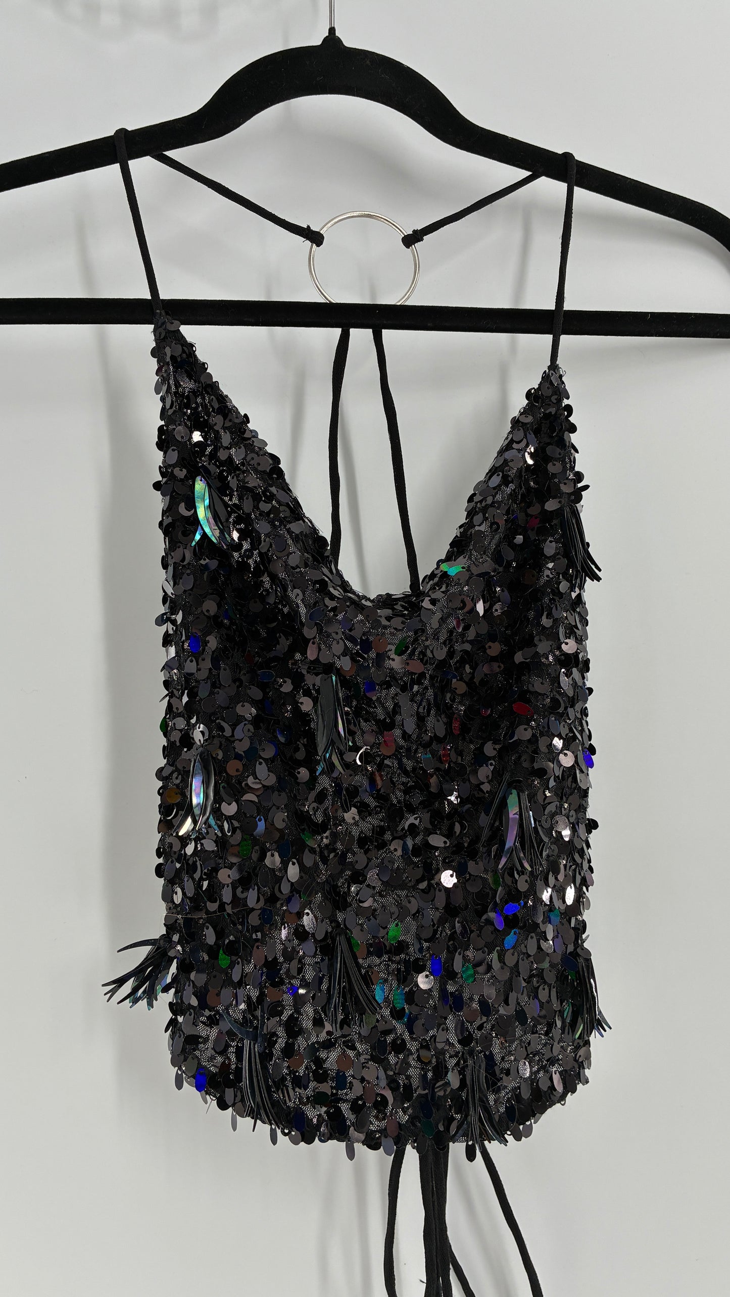 Free People Black Open, Tie Up Back Camisole Covered in Sequins with Silver Hoop Details (XS)