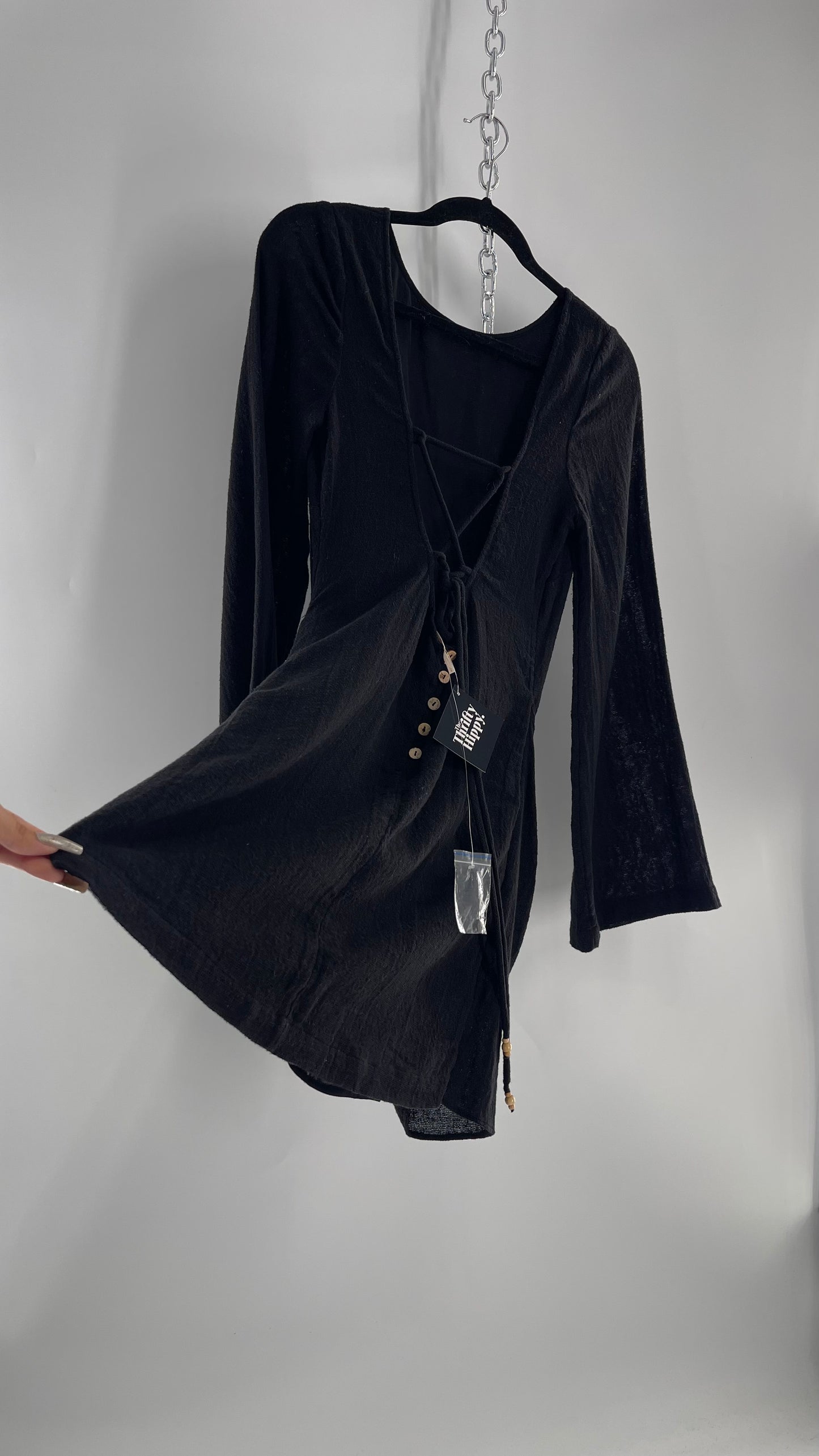 Free People Black Bell Sleeve 100% Cotton/Modal Mini Dress with Tie Front (M)