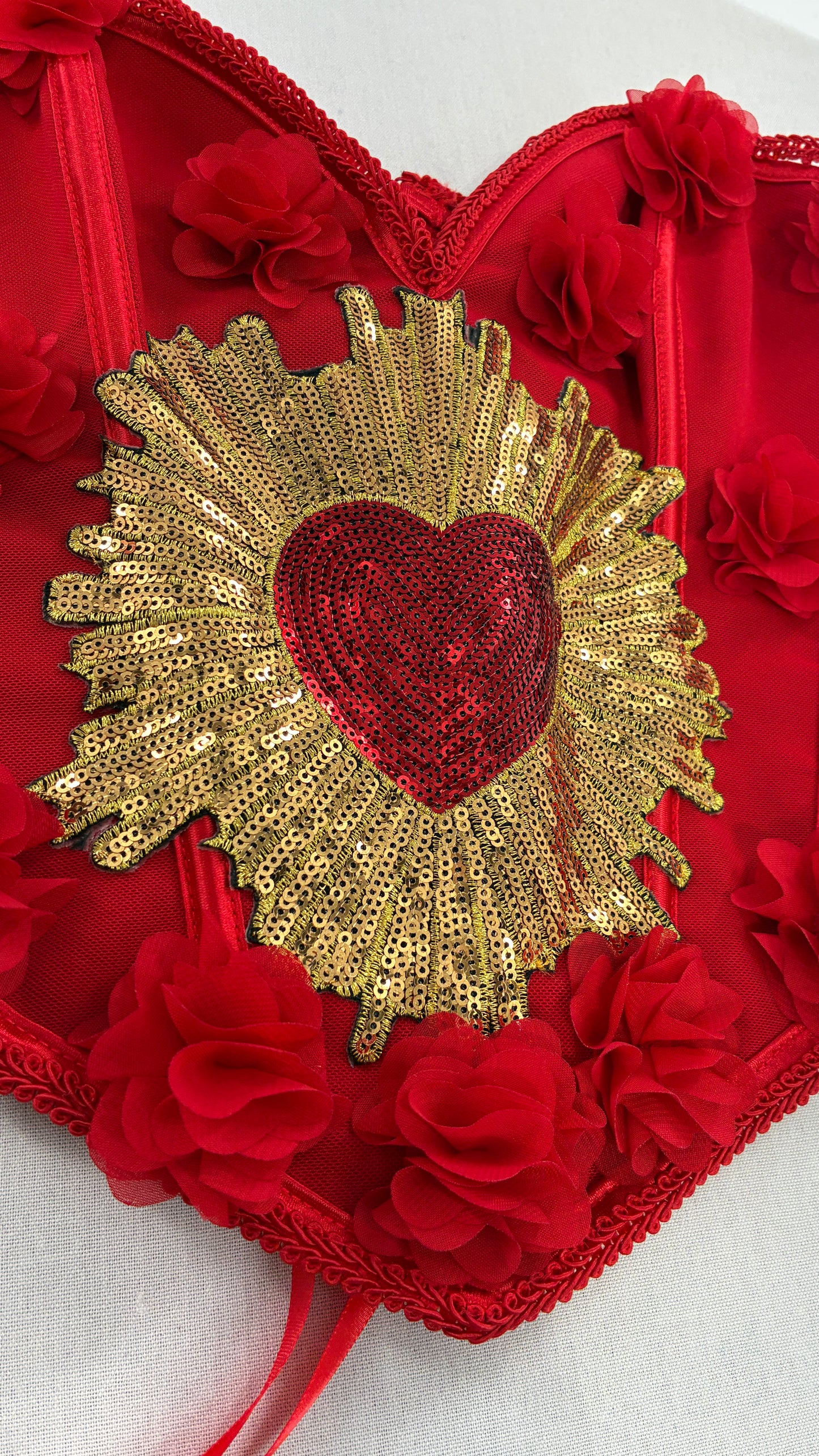 Red Handmade Corset with Rosette Appliqués and Sequin Heart Design (Small)