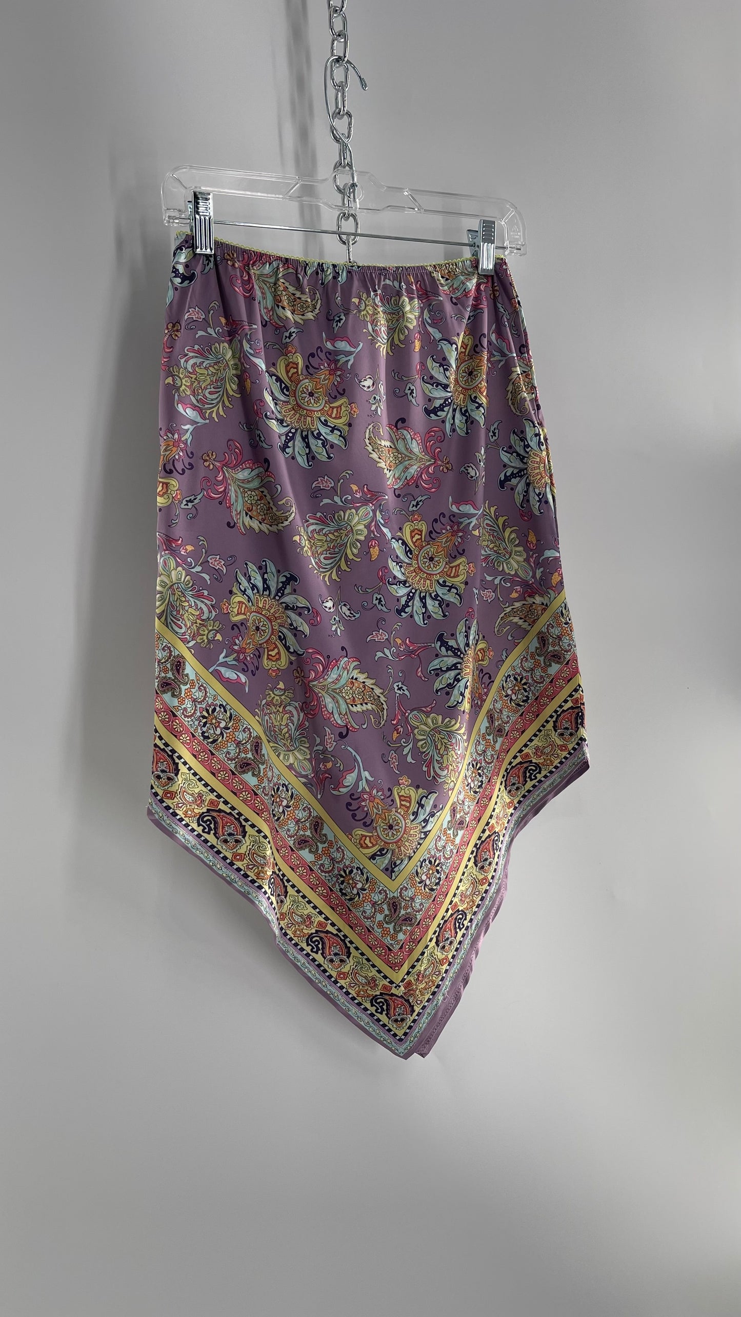 Urban Outfitters Lavender Satin Paisley Handkerchief Hem Skirt with Light Green Ribbon Waistline (Small)
